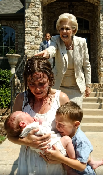 A highly detailed, dramatic cinematic scene outside a luxurious stone mansion on a bright sunny day.   In the foreground, a young distressed woman in her late 20s with wet, messy dark brown hair and visible bruises on her face is crying in agony. She is wearing a soaked white sleeveless dress and desperately holding a newborn baby wrapped in a white blanket and a young crying boy (about 4-5 years old) in a blue shirt who is clinging to her.  Behind her, an elegant older woman in her 60s with styled blonde hair, wearing a light cream-colored textured jacket, pearl necklace, and matching skirt, stands aggressively on the stone steps with an angry expression, pointing her finger at the young woman's head.  The atmosphere is highly emotional, tense, and chaotic. Bright natural daylight with strong shadows, realistic skin textures, wet fabric details, and intense facial expressions. Photorealistic, 8k quality, sharp focus, cinematic composition.