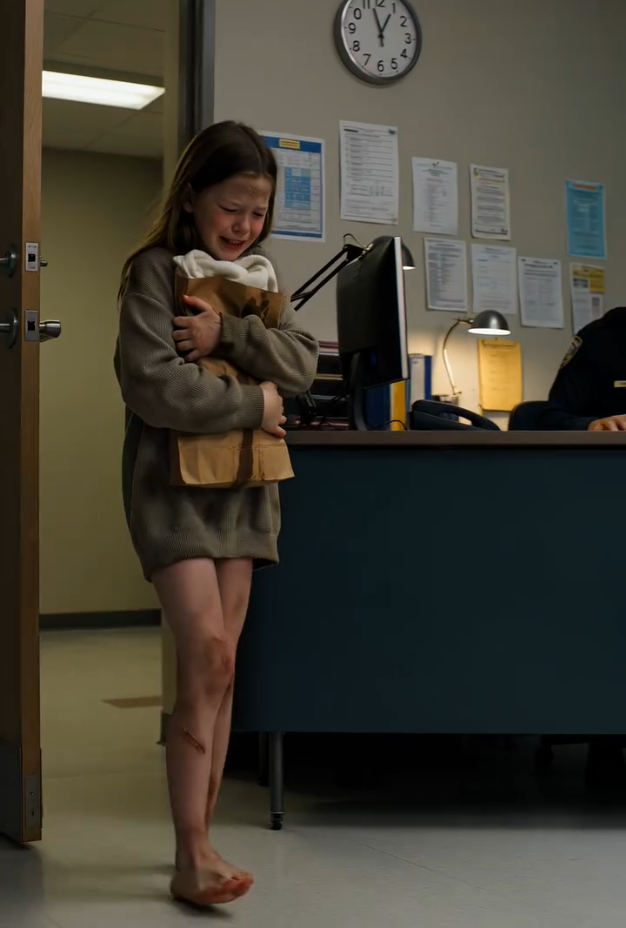 She was just a small child—barefoot, her feet scraped and bleeding, wearing an oversized, dirty sweater, clutching a paper bag tightly to her chest. The officer at the front desk knew something was wrong before she even spoke. But nothing could have prepared him for what was inside that bag… the faint, fragile breathing of a newborn barely holding on… or the dark truth tied to the remote house she came from—where her mother had vanished, someone had been secretly leaving supplies at night, and a respected man’s name was about to shake the entire town.
