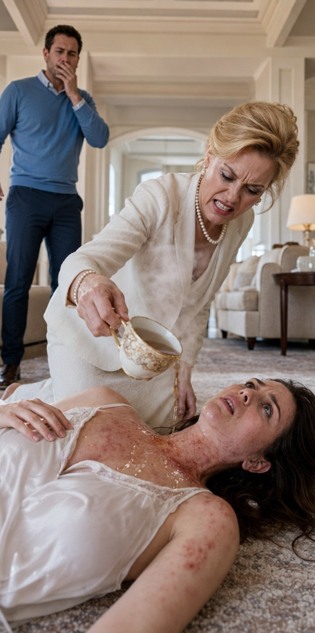 I was lying paralyzed on the living room floor from a sudden, severe allergic reaction when my mother-in-law knelt down and deliberately poured her scalding hot tea over my trembling chest. “Die quietly, trash, so my son can finally collect your life insurance and marry a woman with breeding,” she whispered maliciously, digging her long nails into my freshly blistered skin. I stared straight through her, my pulse dangerously low but my mind racing with razor-sharp clarity. She had no idea the life insurance policy was cancelled months ago, and the motion-sensor security cameras she thought she had disabled were currently transmitting this attempted murder to the local police precinct.