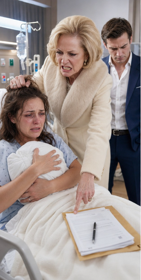 Minutes after I delivered my stillborn son, my mother-in-law marched into the delivery room, completely ignoring my tears. She tossed a thick envelope onto my lap. “Sign the divorce papers now,” she demanded loudly. “My son needs a woman who can actually bear him a living heir.” When I refused and pushed the papers away, she grabbed my hair and yanked me forward. “You’re useless,” she spat. But she didn’t realize my father, a retired military general, had just stepped quietly into the room behind her.