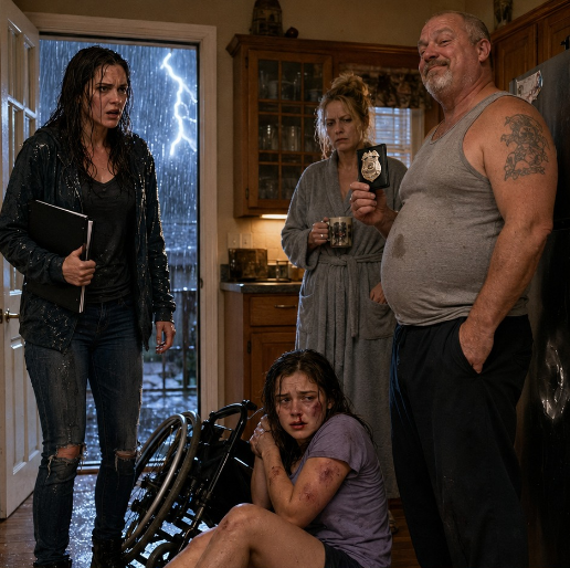 At 1:03 a.m., my stepdad slammed my disabled sister into the fridge, then drove his knee into her face and broke her nose. Bleeding and shaking, she crawled for her phone and called me, whispering, “Please… help.” I drove five hours through a brutal storm and found her curled on the floor, while my mother shrugged, “It’s just a scratch.” He flashed his old badge and smirked, “No one believes a broken girl.” He thought he was untouchable… until I opened the folder.
