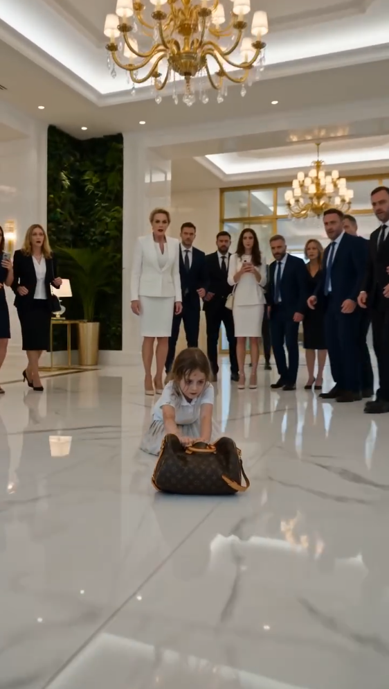 The little girl slid violently across the polished marble floor, both tiny hands wrapped around the strap of an expensive designer bag.