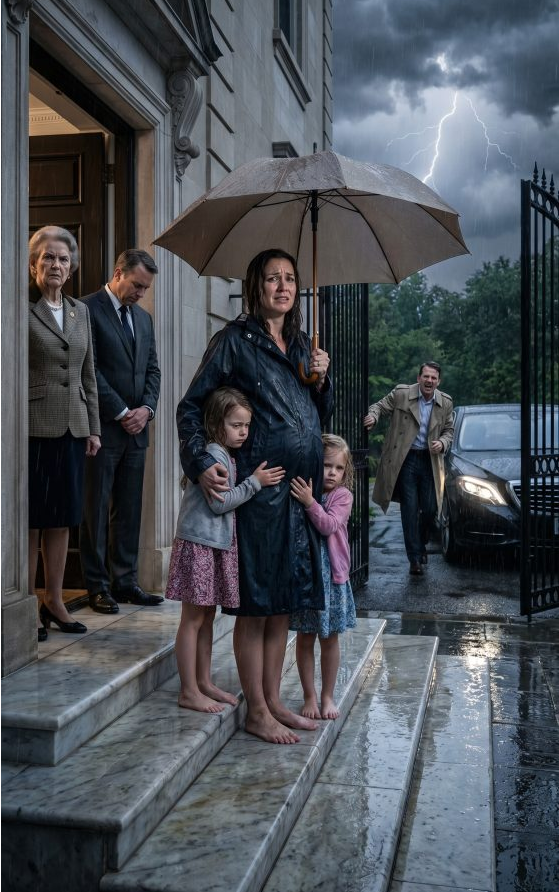 I was eight months pregnant, clutching my three little girls as my mother-in-law slammed the door and hissed, “You and these useless daughters don’t deserve this house.” No one defended us. Not my husband. Not the relatives watching in silence. Then the gates opened. My millionaire father stepped out of his black car, eyes burning. “Who touched my daughter?” he demanded. That night, every secret began to crawl into the light…