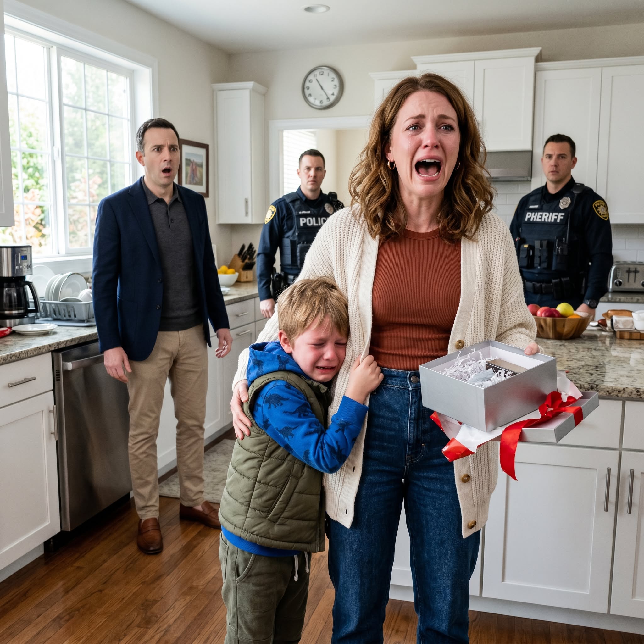 My mother dropped my crying son at my front door with a wrapped box and one warning: “Tell your mom not to make a scene.” He was trembling when he handed it to me. The moment I opened it, I called the police. Then my husband walked in and went pale.