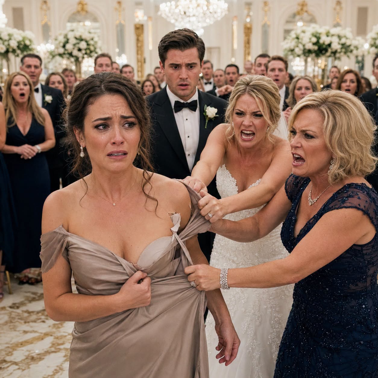 My sister-in-law had always hated me, calling me “poor trash” and “a useless parasite.” But at her wedding, she screamed that her one-million-dollar diamond ring was missing and pointed straight at me. Before 200 guests, she and my mother-in-law lunged forward and tore at my dress while my husband watched in silence. I didn’t cry. I called my father and whispered, “Dad, destroy them.”