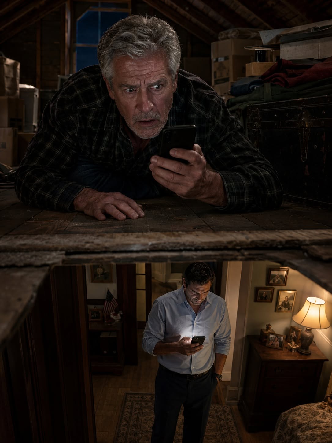 My oldest son called me at midnight. He works for the FBI: “Turn everything off. Go to the attic, lock the door, and don’t tell your son-in-law.” I whispered, “You’re scaring me.” He shouted, “Just do it!” I obeyed. Through a crack in the attic floor, I saw something that made my blood run cold.