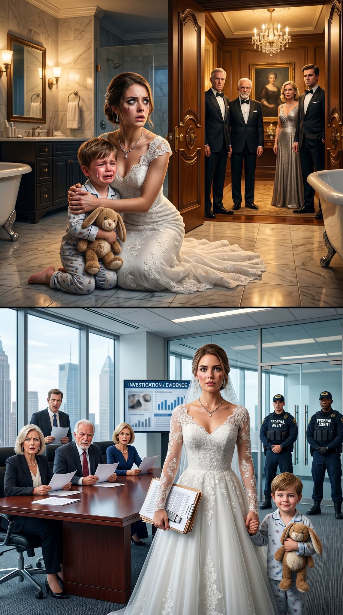 On my wedding night, I didn’t find love waiting for me. I found my husband’s little son hiding in the bathroom, shaking, with blood on his sleeve. “Please don’t let them send me away,” he begged. Downstairs, his powerful family toasted my marriage like a victory. They thought I was just a poor bride. They never guessed I knew how to destroy them.