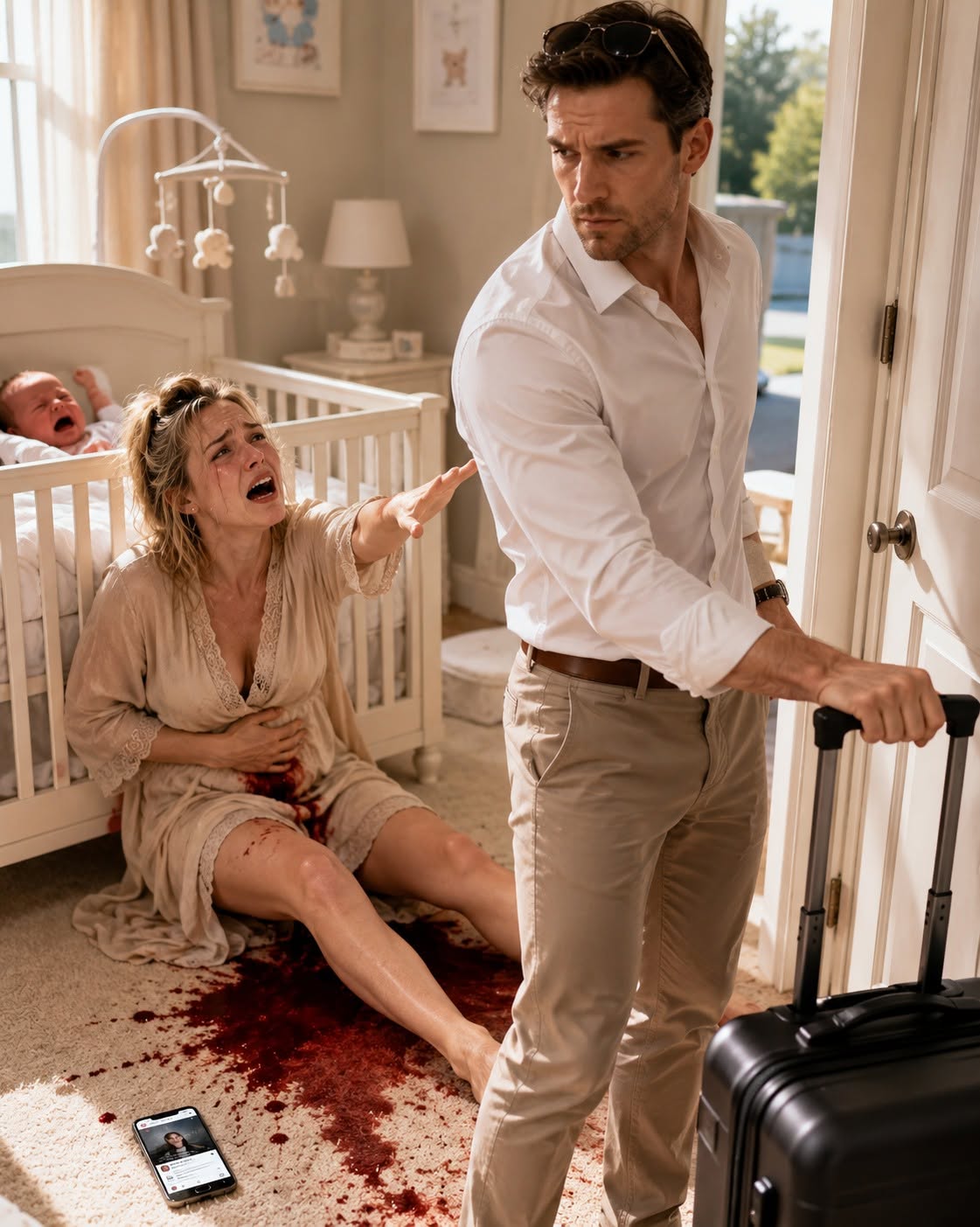 Eight days after I gave birth, I was bl:eeding in the baby’s room while my husband zipped up his suitcase and said, “Stop ruining my birthday.” He came back sunburned, only to find the dried truth on the carpet and lose his family forever in front of everyone at court.