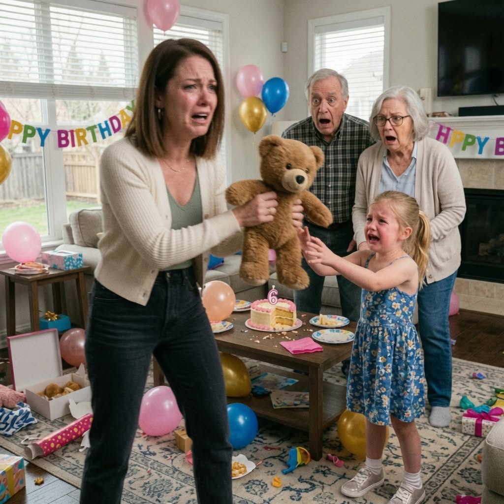 My in-laws mailed my 6-year-old daughter a cute brown teddy bear for her birthday. She smiled for just a moment, then suddenly went still and whispered, “Mommy, what is it?” When I looked closer, my face turned white. I didn’t scream. I took action—and three days later, the police were standing at their door....
