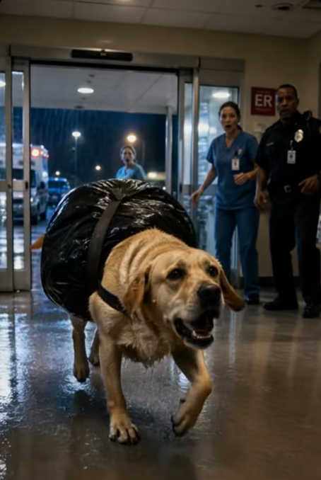 A large soaked Labrador ran into the hospital with a huge black bag strapped tightly to his back… At first, the nurses tried to chase him away, until one of them noticed something that made her freeze in horror