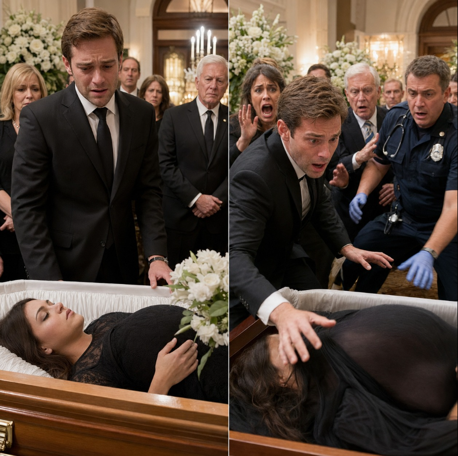 I stood by her coffin, hands shaking, trying to be a “strong husband” while my unborn child slept inside her. “Just… let me see her one last time,” I whispered. The room went silent as I leaned in—and her belly shifted. Not a shadow. Not my grief. A real movement. “Did you see that?” I gasped. Someone screamed, “Call the doctors—NOW!