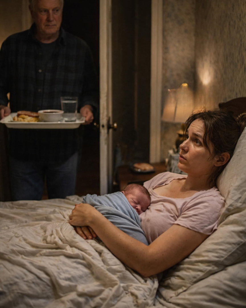 My Husband Worked in Another City. My Mother-in-Law Had Just Died. So I Spent My Postpartum Recovery in My Father-in-Law’s House… But Every Time He Brought Food Upstairs, My Whole Body Told Me to Run