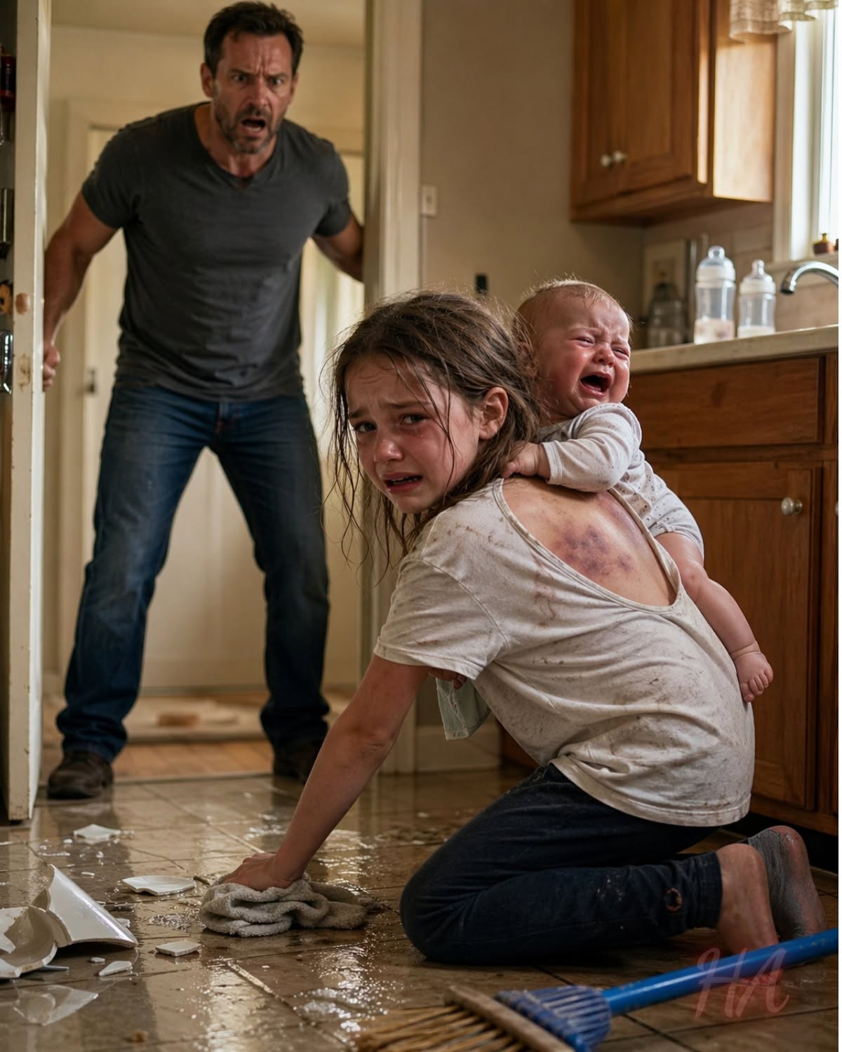 My 8-Year-Old Daughter Whispered, “Dad… I Can’t Hold the Baby Anymore.” When I Got Home, I Found Her Scrubbing the Floor With a Hurt Back—And My Wife’s Secret Was Worse Than I Imagined