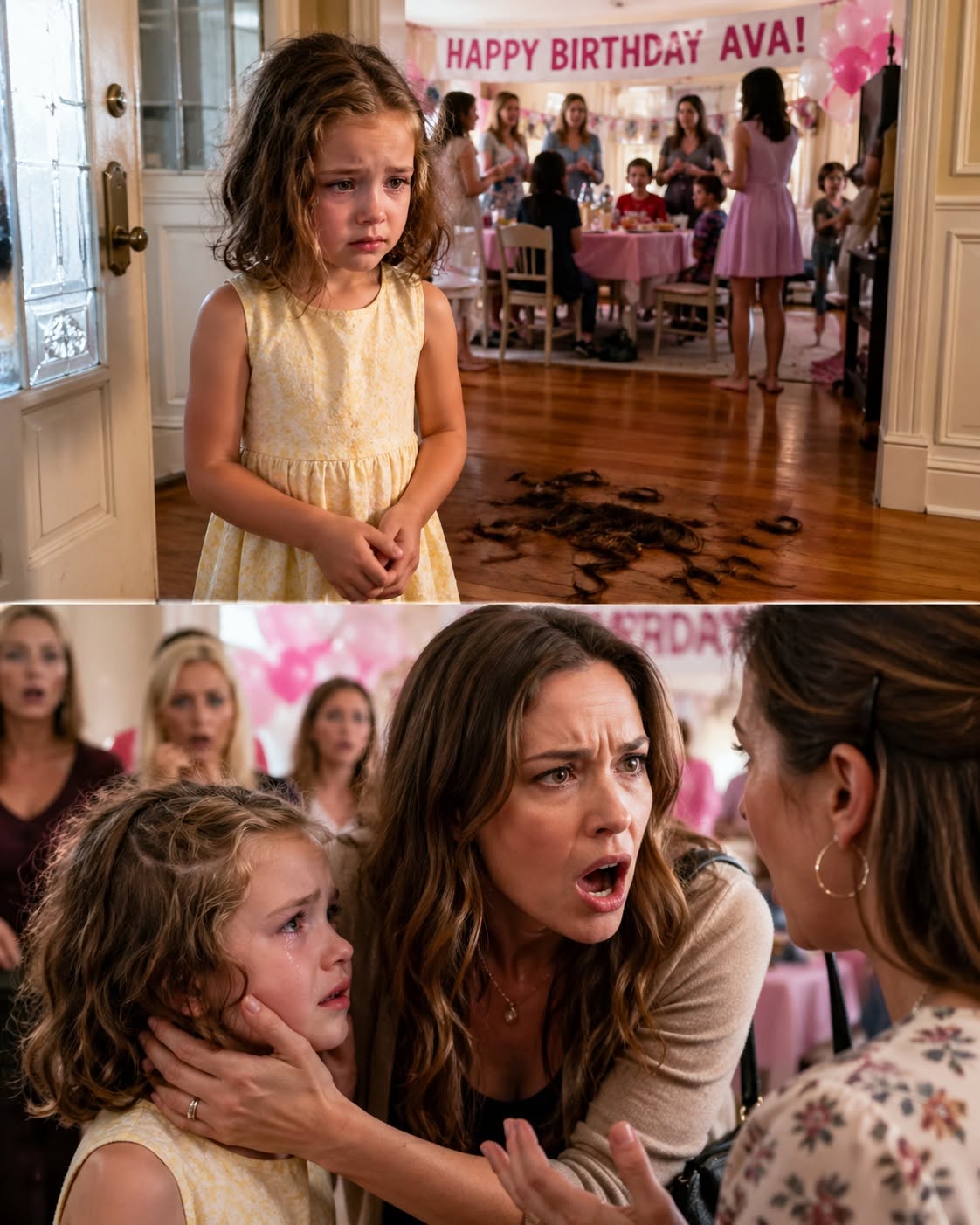 I thought I was picking my daughter up from a simple family birthday party. Instead, I came home to find her standing silently by the front door with tears hidden behind her eyes and pieces of her hair scattered across my sister’s kitchen floor. In that moment, I realized something had happened inside that house—something cruel enough to steal the light from my little girl’s face. And before the night was over, the truth would tear my family apart.