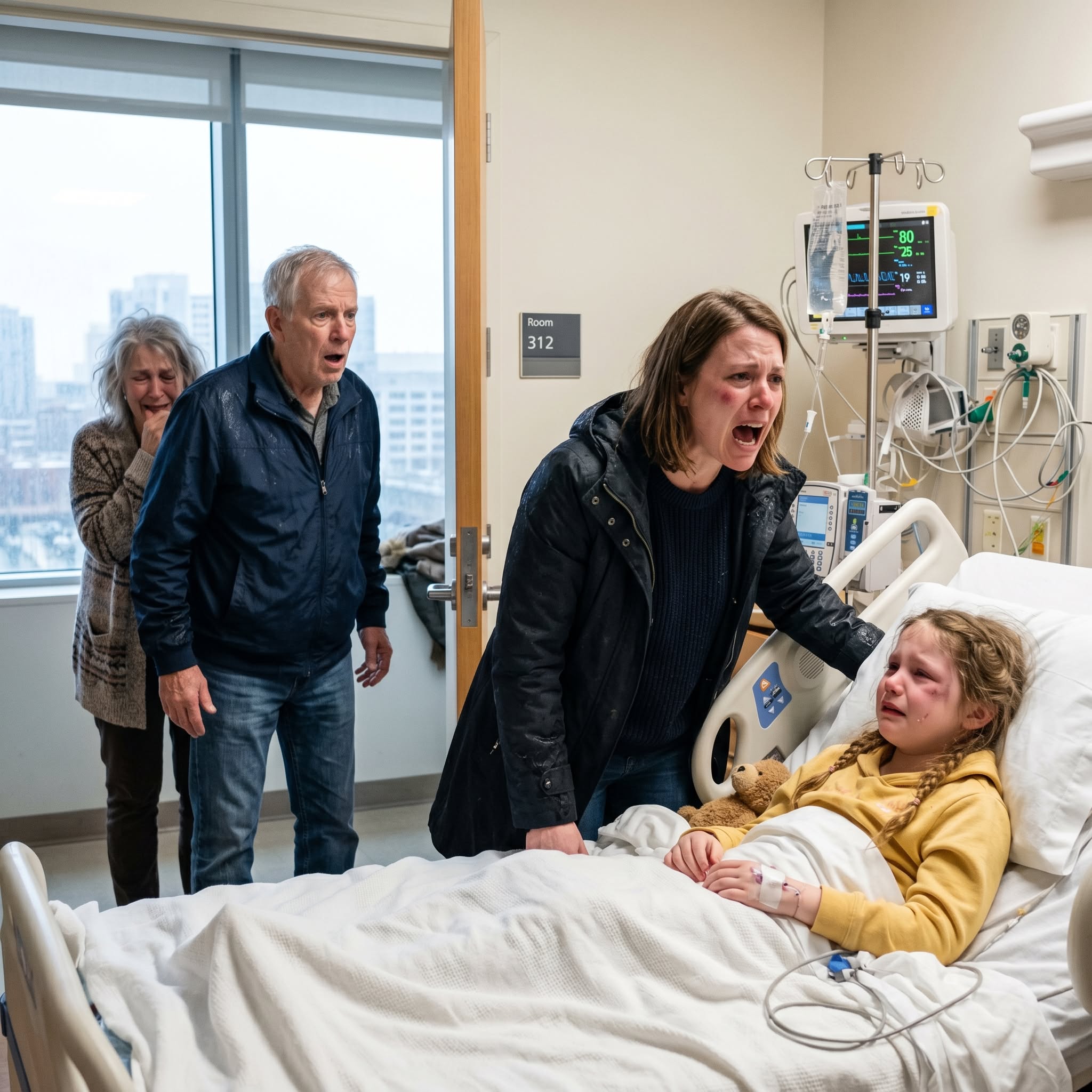 My parents threw my 8-year-old daughter out into a storm because her cousin lied about her. Dad shouted, “Get out. I don’t need a lying granddaughter.” Three hours later, police called me to the hospital. When Dad walked in and saw me beside her bed, his hands started shaking.