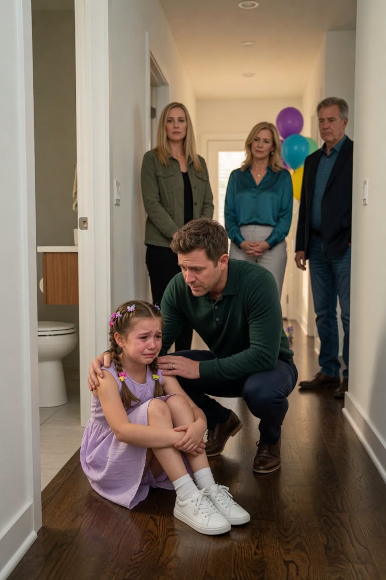 My five-year-old daughter had disappeared from the middle of a family birthday party, hiding from her aunt, when she looked up at me with terrified eyes and whispered, “Daddy… do I have to say sorry?”