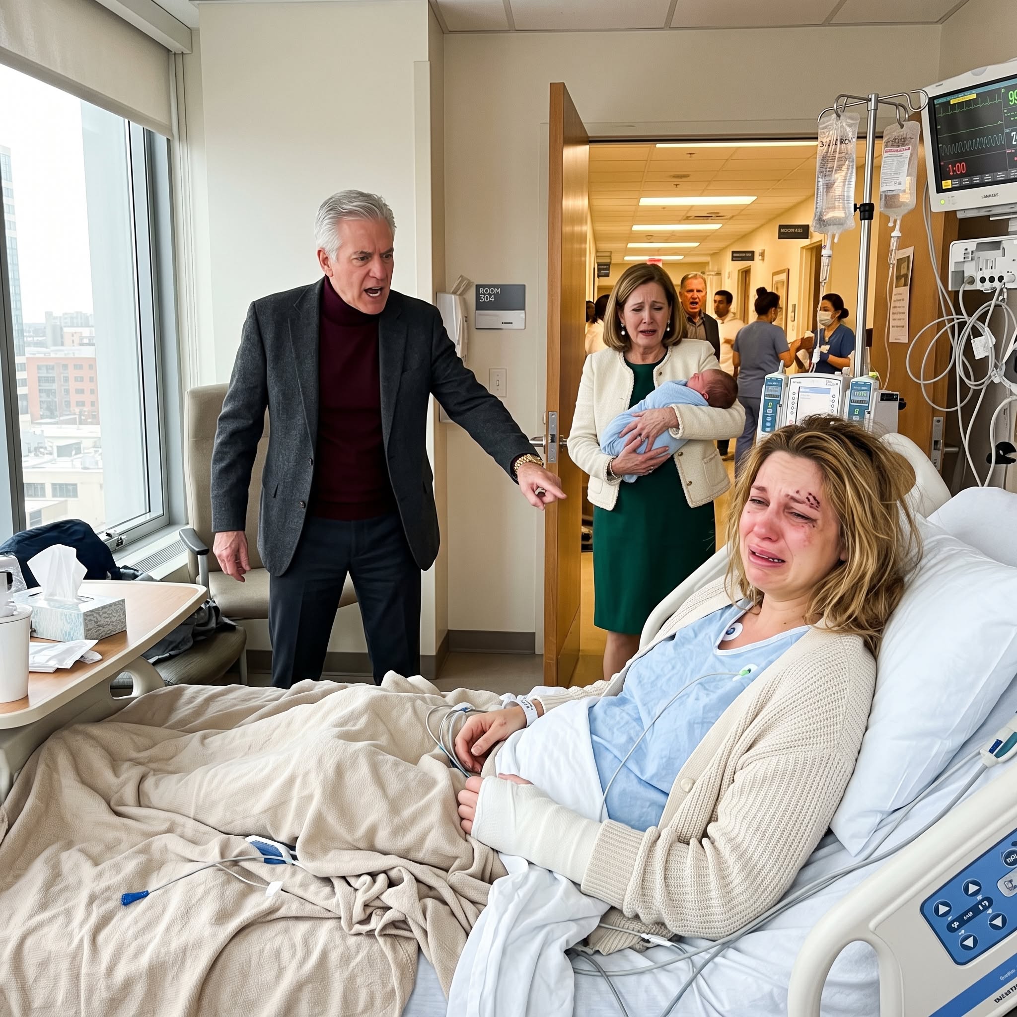 I called my parents from a hospital bed, begging them to take my 4-week-old baby while I lay there with a broken arm and stitches. My dad snapped, “It’s Whitney’s night. You made your own bed, Claire,” then hung up. Three hours later, my door opened at 2 AM.
