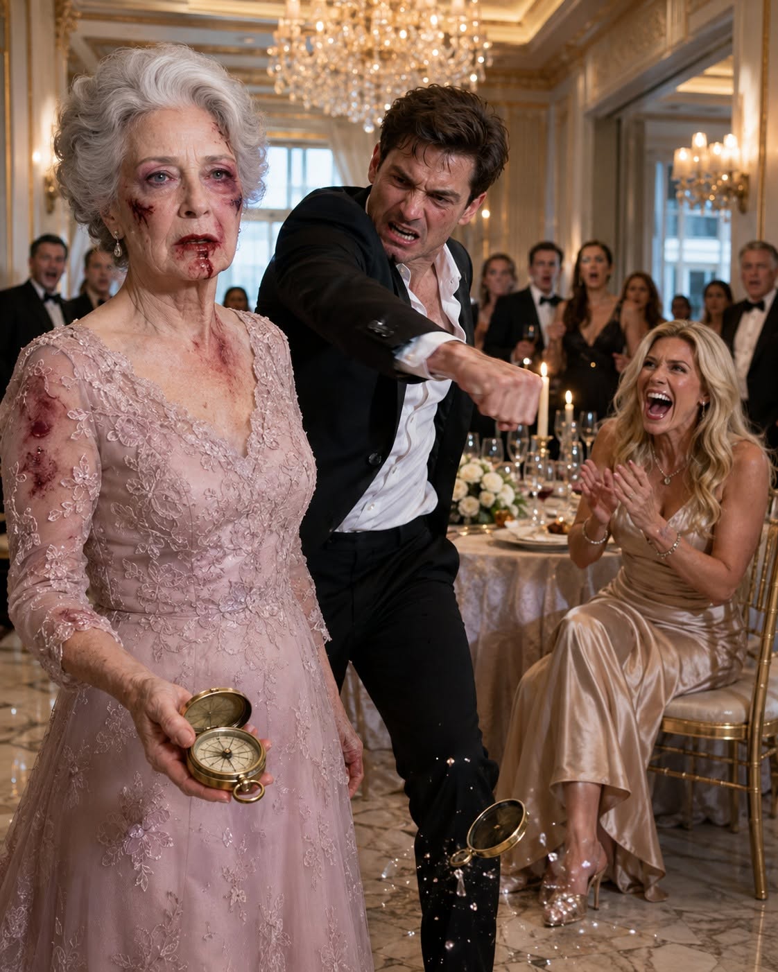 My son’s fist crashed into my face before the birthday candles were even lit. His wife laughed as he ripped my late husband’s old brass compass from my hands and flung it across the marble floor like it was worthless. I tasted blood, stayed on my feet, and walked out without saying a word, while he smiled like he had finally conquered me.