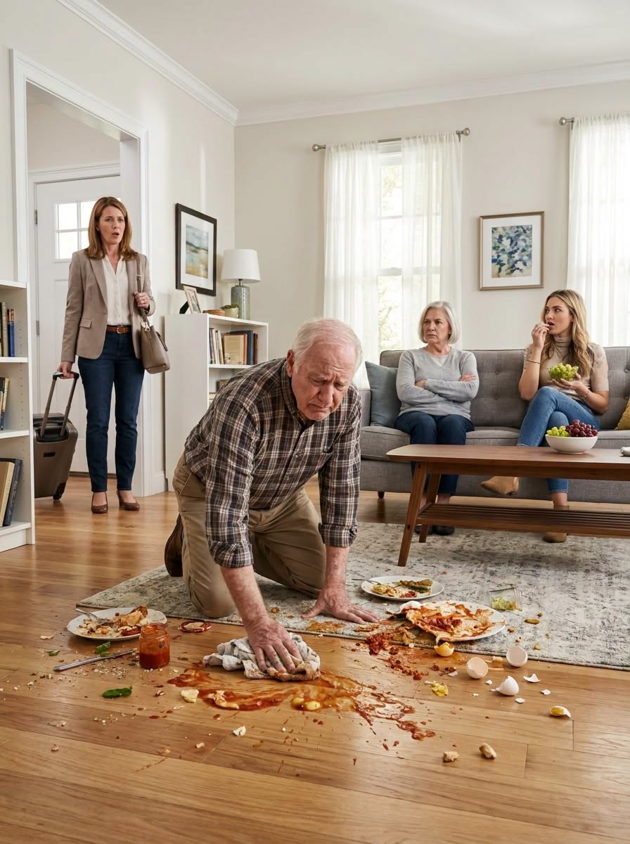 A wife returned early from a business trip and found her father kneeling on the floor cleaning, while her mother-in-law mocked him: “This house smells like the countryside.”