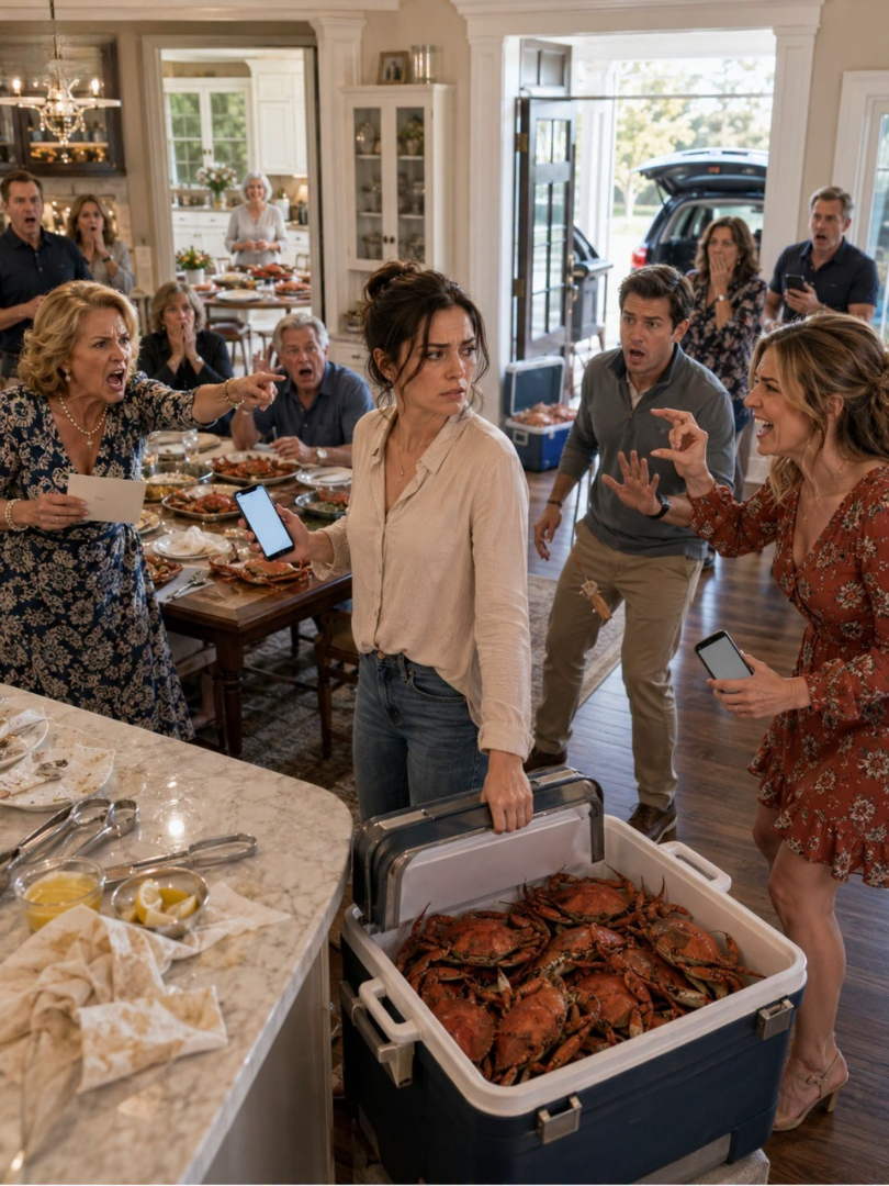 I brought 20 lbs of crabs to my in-laws, carrying the heavy cooler through their kitchen while everyone acted like I had shown up empty-handed. My SIL lifted one crab, wrinkled her face, and tossed it back like I had insulted her personally. My MIL didn’t even thank me before ordering, “Exchange them.” I stood there beside the counter, embarrassed in front of the whole family, silent while they treated my gift like trash. So I closed the cooler, carried every crab back out, and took them all to my mom’s house. 3 hours later, they panicked.