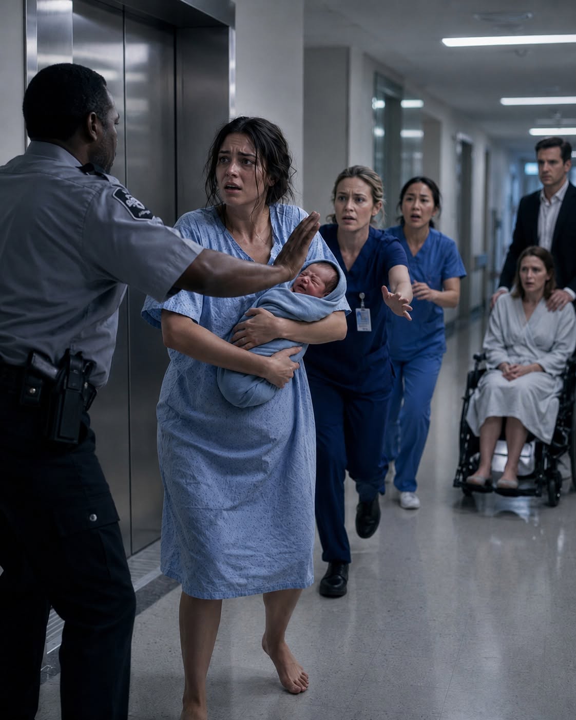 The security guard saw the barefoot pregnant woman before anyone else did.