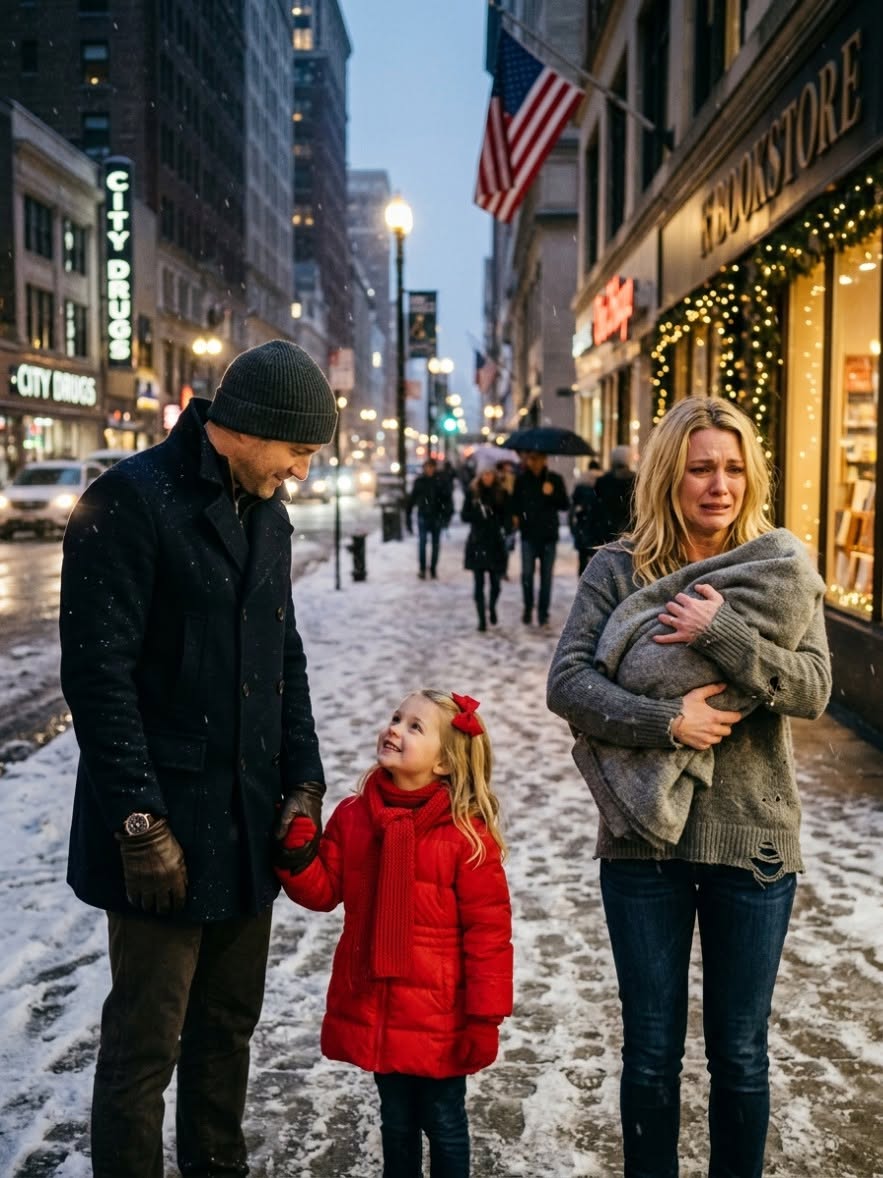 At 14°F, a mother and her baby were freezing on a Rockefeller Center bus bench while Christmas crowds stepped around them.