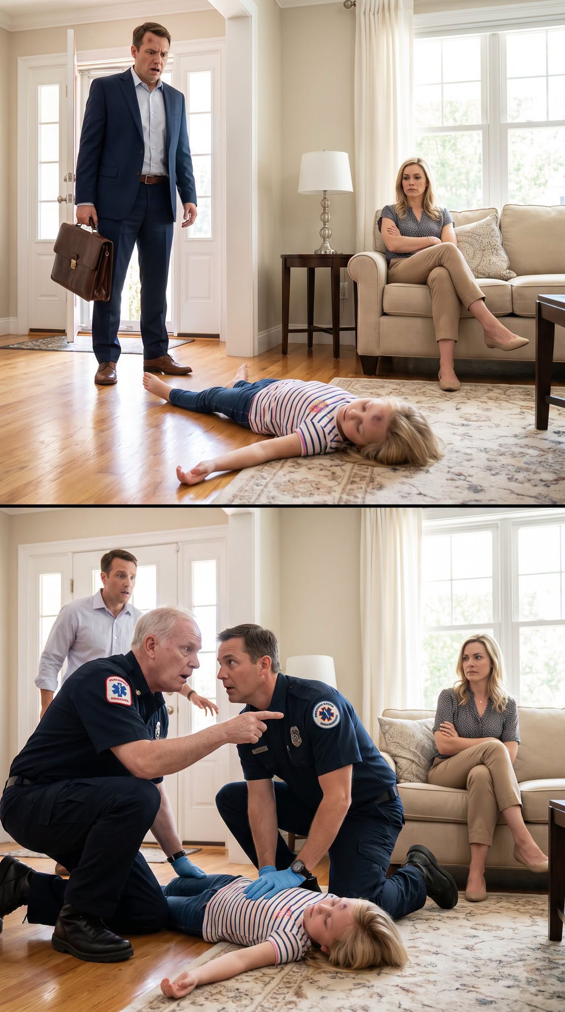 I came home expecting my daughter to run into my arms, but instead I found her unconscious by the front door. “She needed to learn respect,” my wife said with a cold smile. Then the paramedic saw her face, turned deathly pale, and whispered, “Sir… is that really your wife? Because the woman I know with that face died years ago.” At that moment, my entire life became a lie.