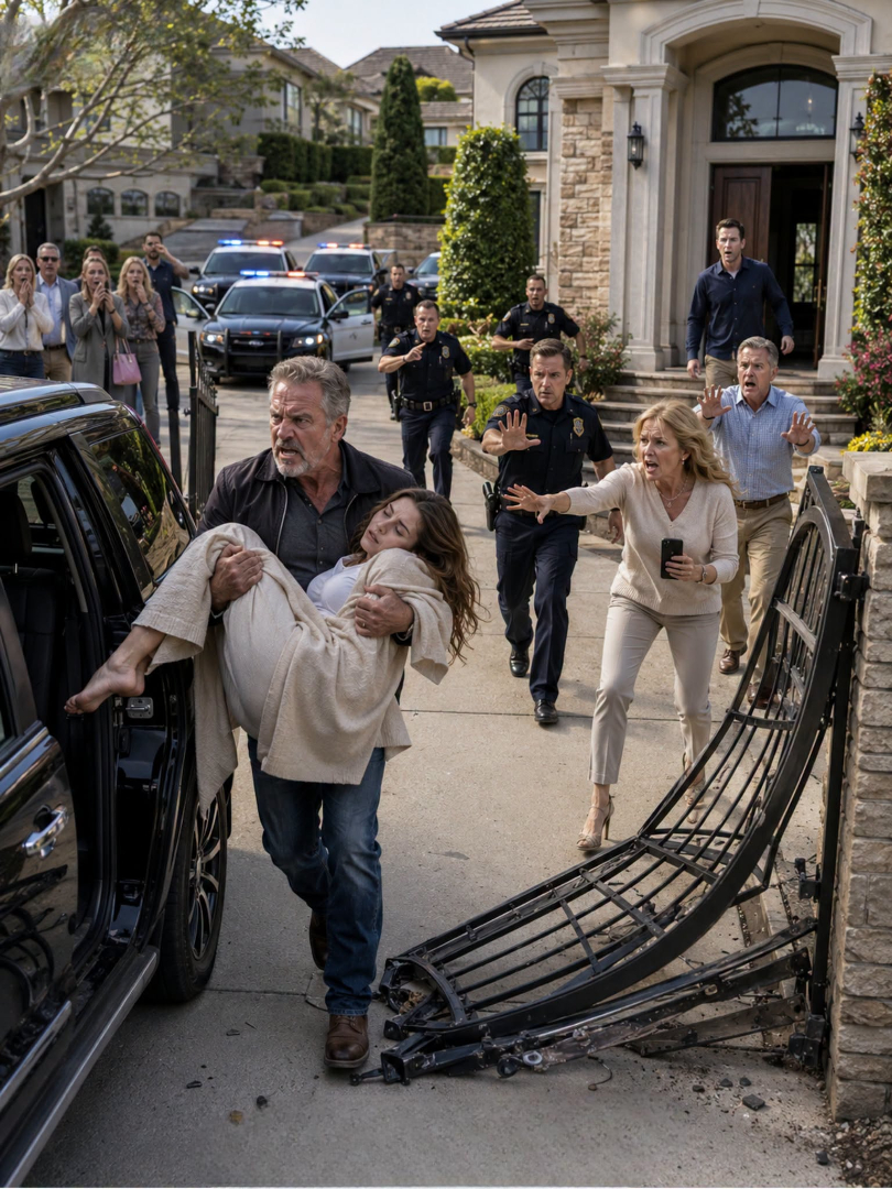 My daughter called at 3 A.M., her voice shaking through the phone: “Dad, Please Come Get Me.” When I arrived at her in-laws’ house, the mother-in-law blocked the door and said, “She's Not Leaving,” like my child was property they could keep. Their $20,000 gate stood between me and the worst fear of my life. I forced my way in, heart pounding, and found my daughter unresponsive, with marks on her arms. I stayed silent, terrified but not weak, carried my daughter to the car, and drove straight to the hospital. Behind me were 4 police cars.