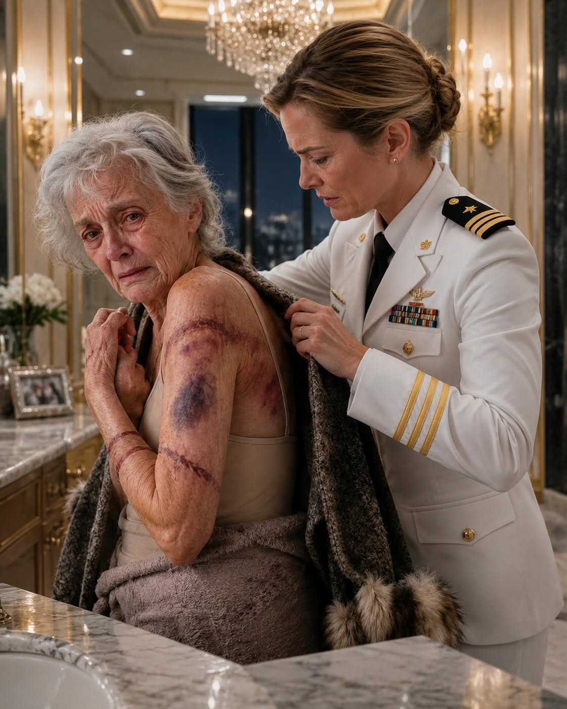 I came home to visit my elderly mother, but when I offered to help bathe her, she shrank back in terror. “Please… don’t take off my coat,” she pleaded, her body trembling. The moment I carefully slipped it from her shoulders, I saw dark bruises and rope marks covering her fragile skin.