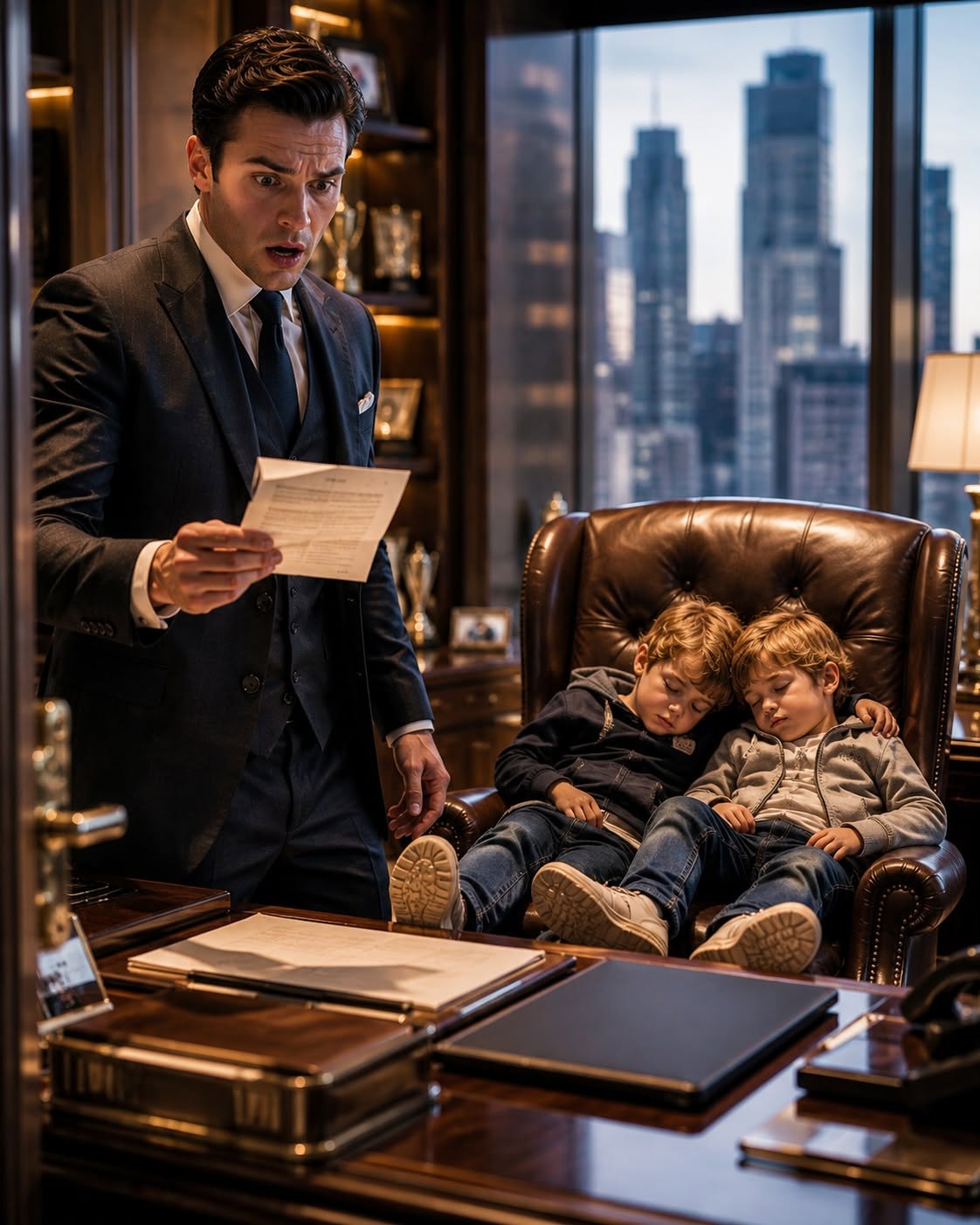 A billionaire CEO never expected to walk into his office and find two four-year-old twin boys asleep in his chair—but the note their missing mother left behind shattered everything I believed about my life. In a single morning, the empire I had spent years building became insignificant after I discovered the family someone had hidden from me for four long years.