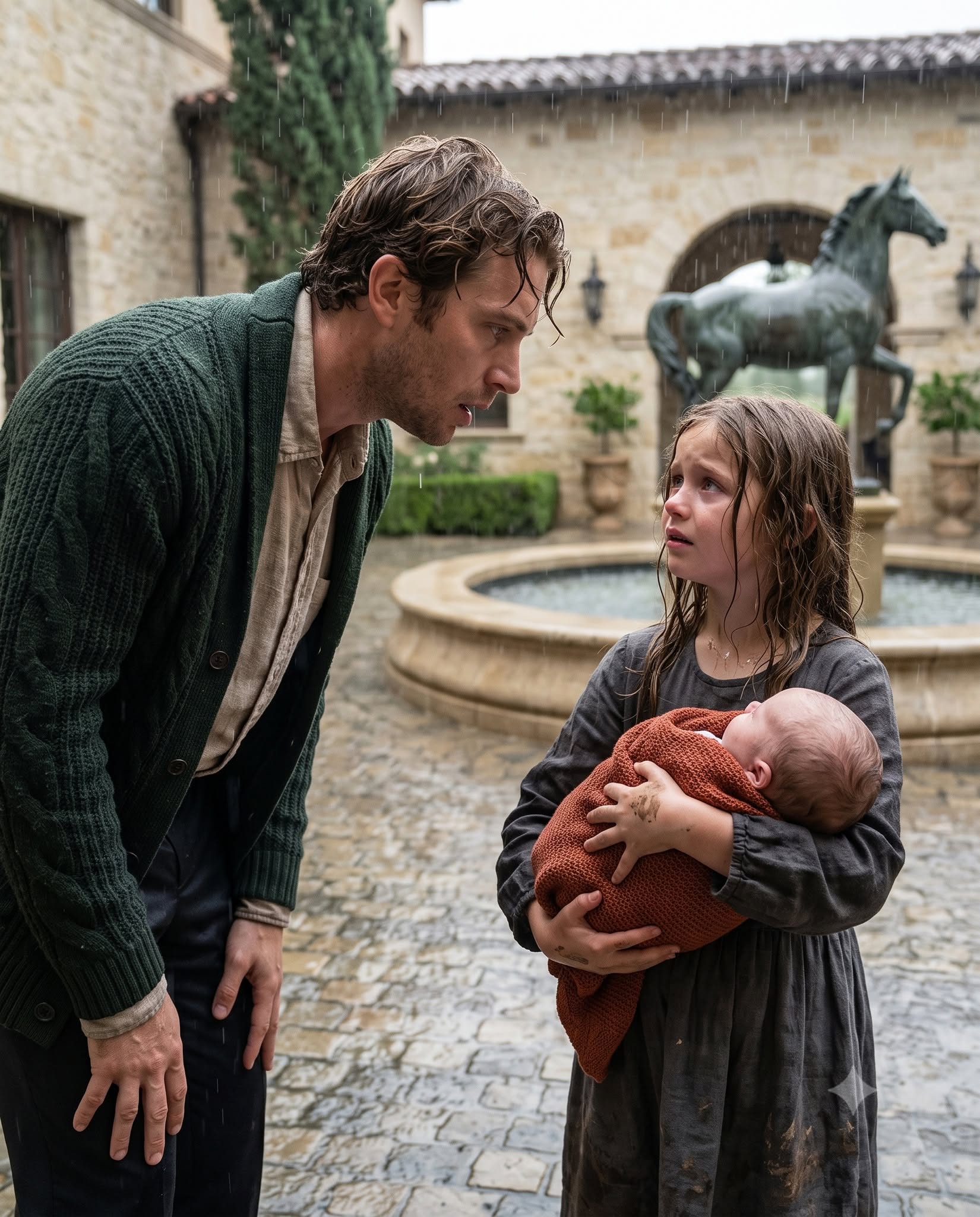 “Sir, I found your son beside the dumpster outside your mansion,” a soaking wet little girl said as she held a baby wrapped inside a black trash bag. The billionaire, who had been declared sterile twelve years earlier, didn't panic. He opened the letter taped to the baby's blanket and called his attorney, never realizing the traitor was already inside his own home.