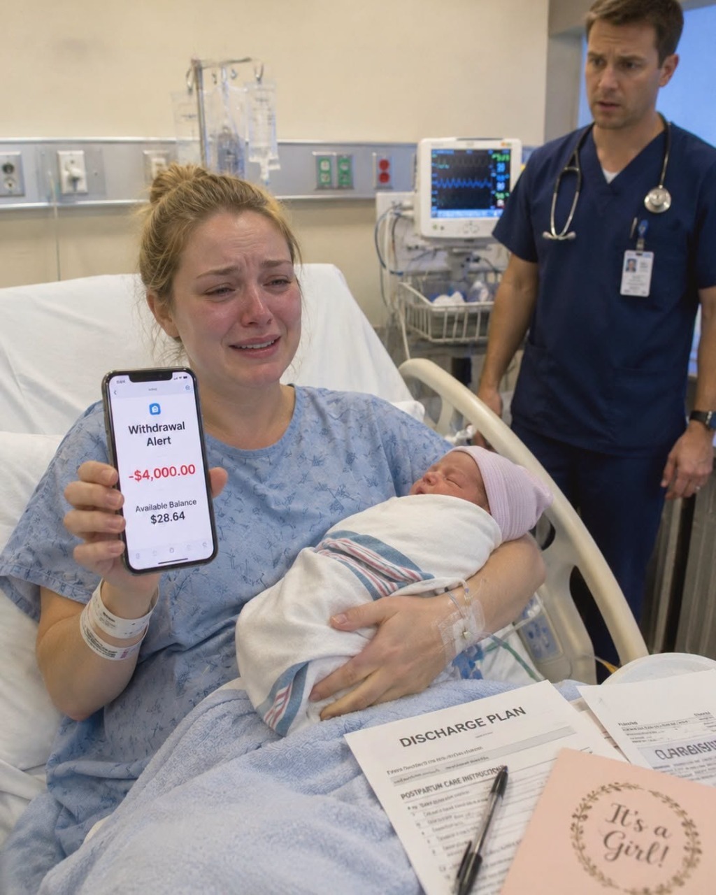 Four days after my C-section and a near-fatal hemorrhage, I could barely sit up in bed, holding my newborn while pain tore through my body. I texted, “Please, can someone come help me?” No reply. I called my mother. She said, “You’re strong. Handle it yourself. Your sister needs me—she’s getting engaged.” They were at a luxury party with her wealthy fiancé. Minutes later, Dad tried withdrawing $4,000 for outfits and hotel upgrades to impress the groom’s “noble” family. I stared at the alert, smiled through the pain, and whispered, “Go ahead—take it.”