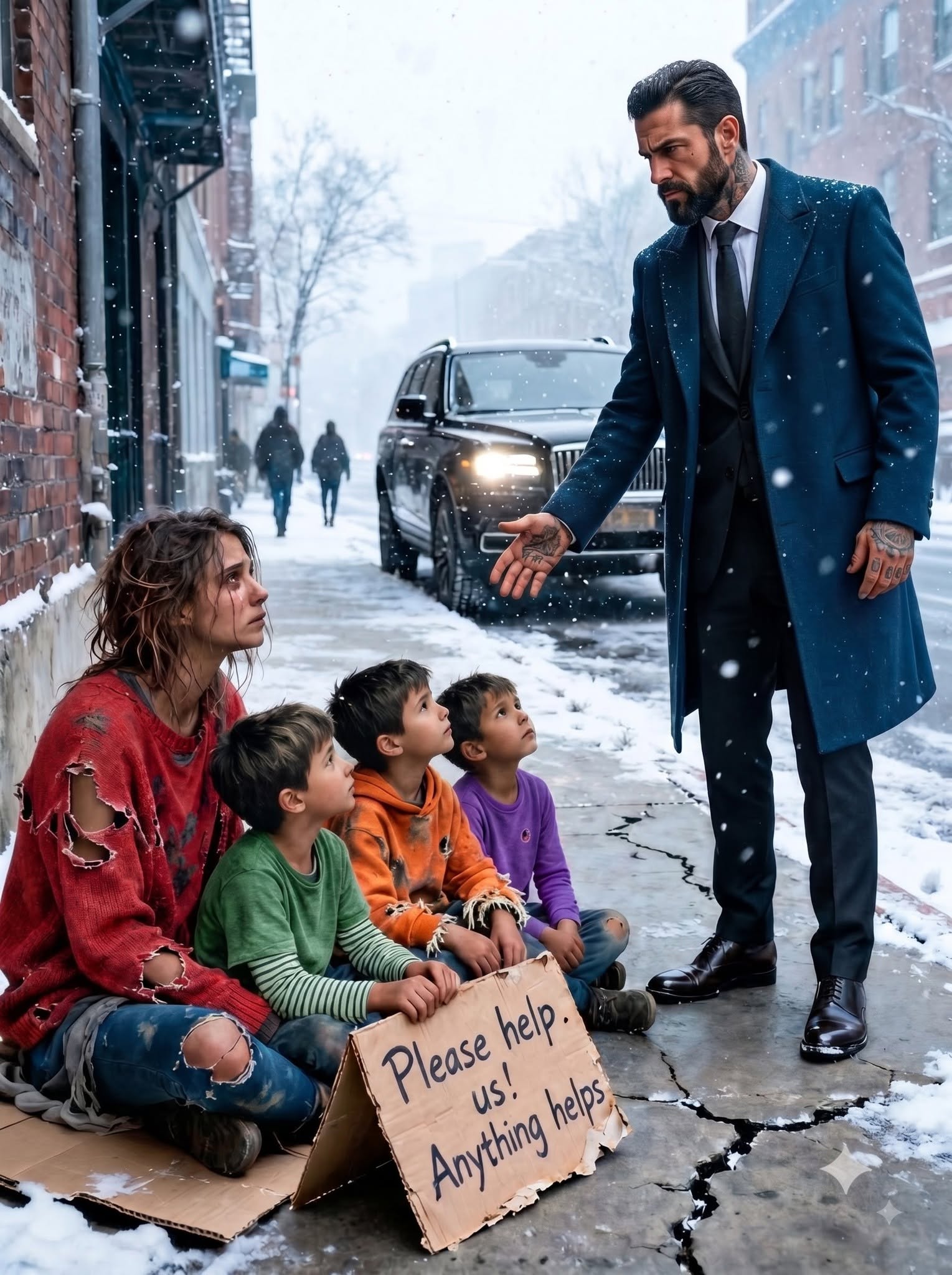 A feared mafia boss stopped dead when he recognized the woman begging on a freezing Chicago sidewalk—the ex who vanished from his life years ago. Three children huddled beside her looked so much like me it was impossible to ignore, and the truth waiting behind her silence shattered everything I thought I knew.