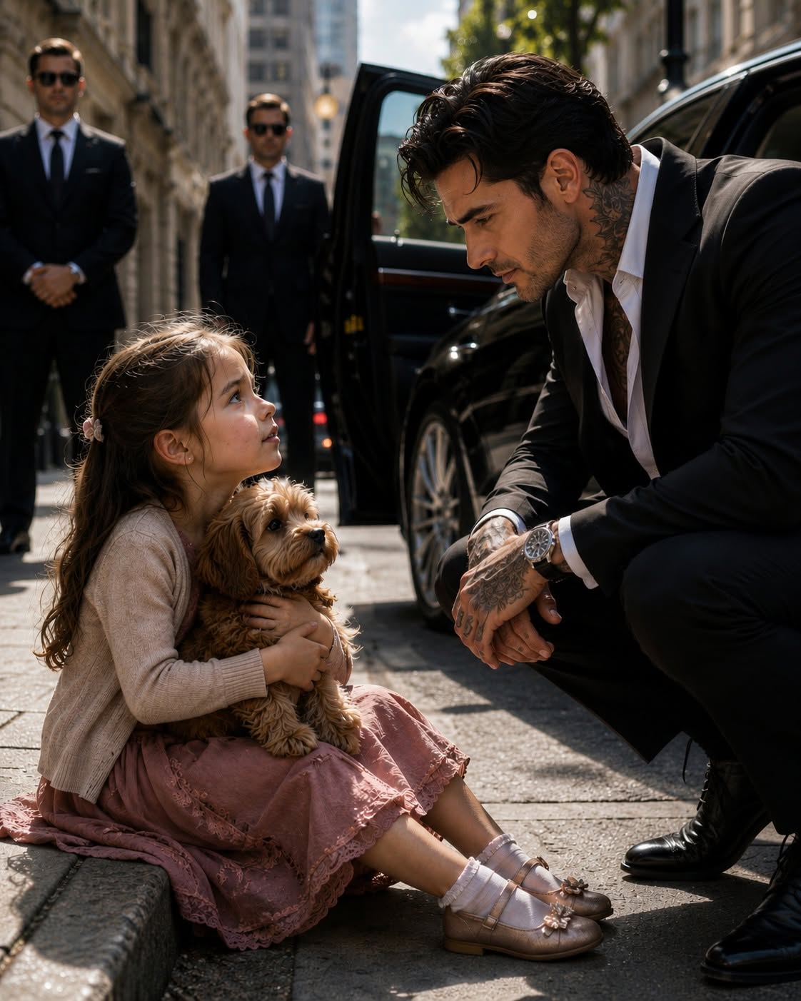 A seven-year-old girl dropped to her knees before the most feared mafia boss in the city and offered him her only puppy in exchange for her mother’s life. But when she revealed who had taken her mother, the entire room went silent—because the man responsible wasn’t my enemy. He was standing right beside me.