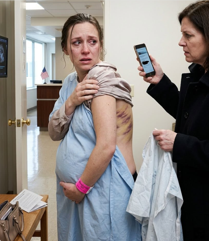 At the VIP wing of Rosehaven Women’s Medical Center, I was helping my nine-month-pregnant daughter change before her final ultrasound when her blouse slipped from her shoulders—and I saw massive bruises across her back and ribs, stamped in the tread pattern of heavy boots.
