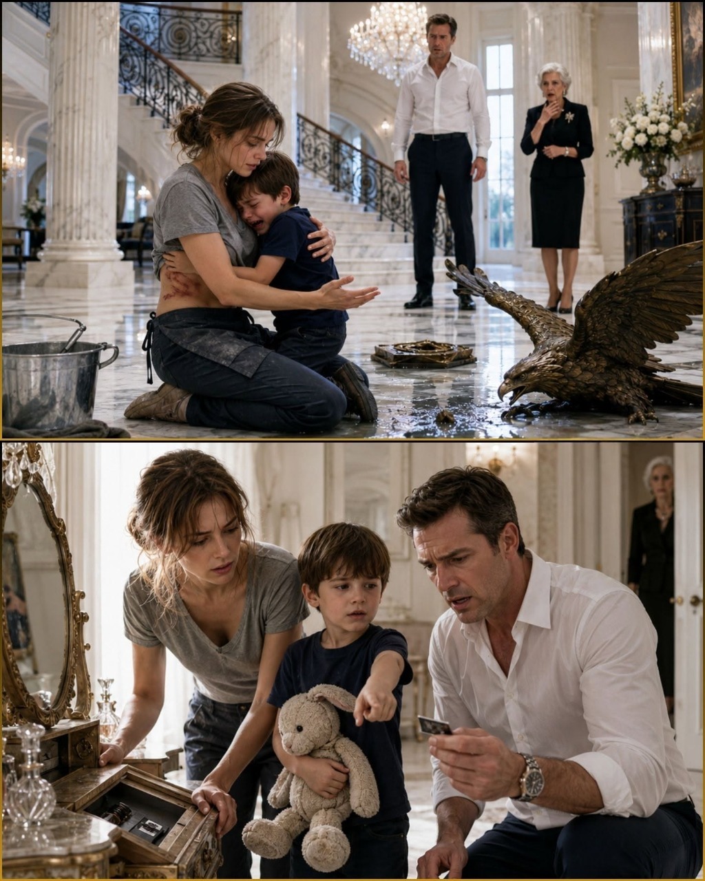 When a Broke Cleaning Girl Knelt Before the Billionaire’s “Monster” Son and He Whispered “No,” the Blood on the Last Nanny’s Uniform Suddenly Made Sense, Because the Mansion’s Most Trusted Woman Had Been Guarding One Locked Door, One Dead Mother’s Warning, and a Secret Powerful Men Were Terrified a Child Would Remember Before His Father Finally Learned That Silence Was Never Obedience, Only Survival
