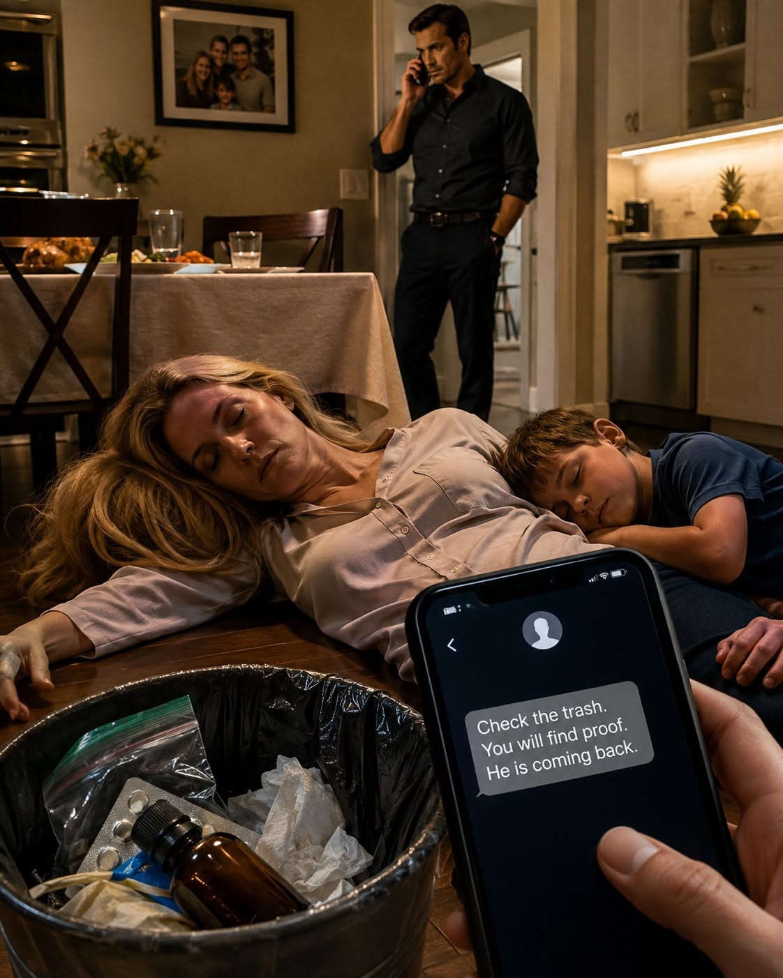 I ate a meal cooked by my husband, collapsed beside my son, and listened as the man I trusted most calmly told someone on the phone that we would both be dead soon. What I discovered afterward was even more terrifying—and just as he was on his way back, a mysterious text revealed that the key to everything was hidden in our trash.