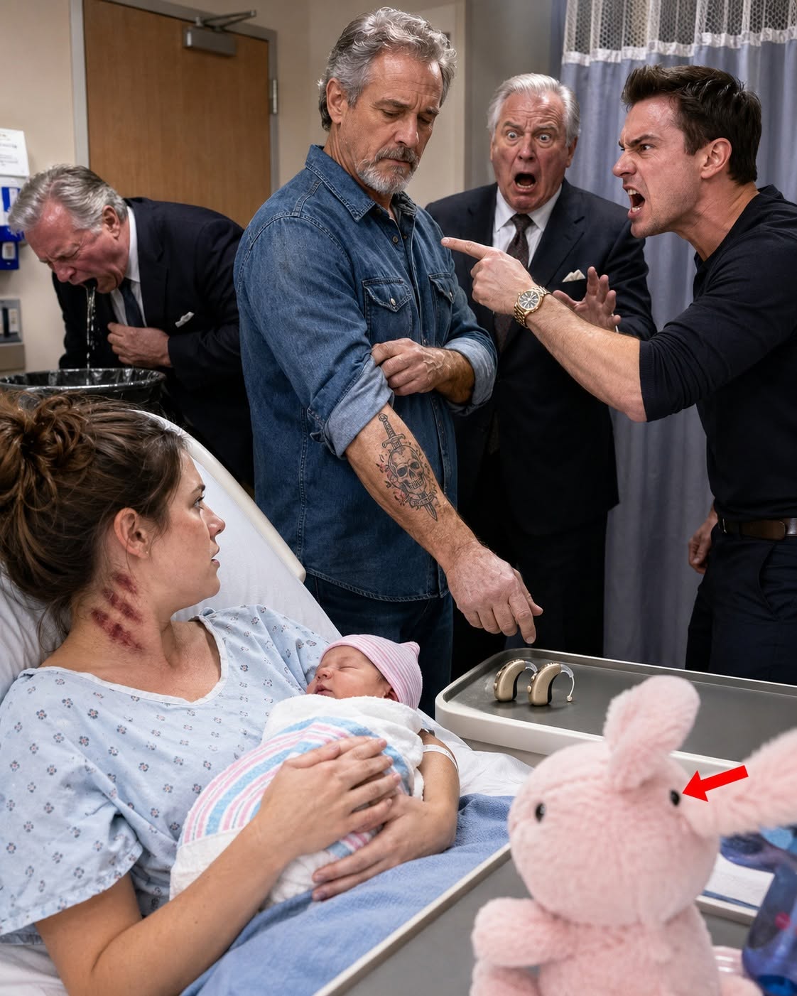 "I was holding my newborn when my uncle walked into the hospital room and saw the dark handprints on my neck. My husband smirked and shrugged. “She started acting like a queen just because she had a baby. I was reminding her who’s in charge.” He thought the man standing across from him was just a harmless, deaf relative. My uncle quietly locked the hospital door, removed his hearing aids, and set them on a tray. “Close your eyes, kiddo,” he said softly. Until my father-in-law stepped forward to interfere, then spotted the faded military tattoo on my uncle’s arm. The color drained from his face.
