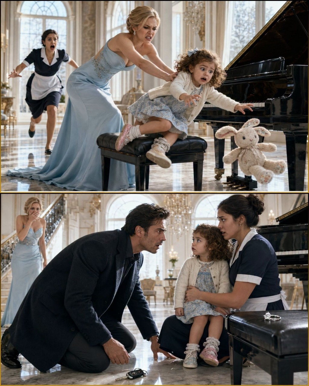 The billionaire's fiancée pushed the maid's daughter off the piano and sneered, "Filthy hands!" — she didn't even know who the child was… Until the child asked why the billionaire's eyes looked exactly like hers, and the engagement ring proved it all