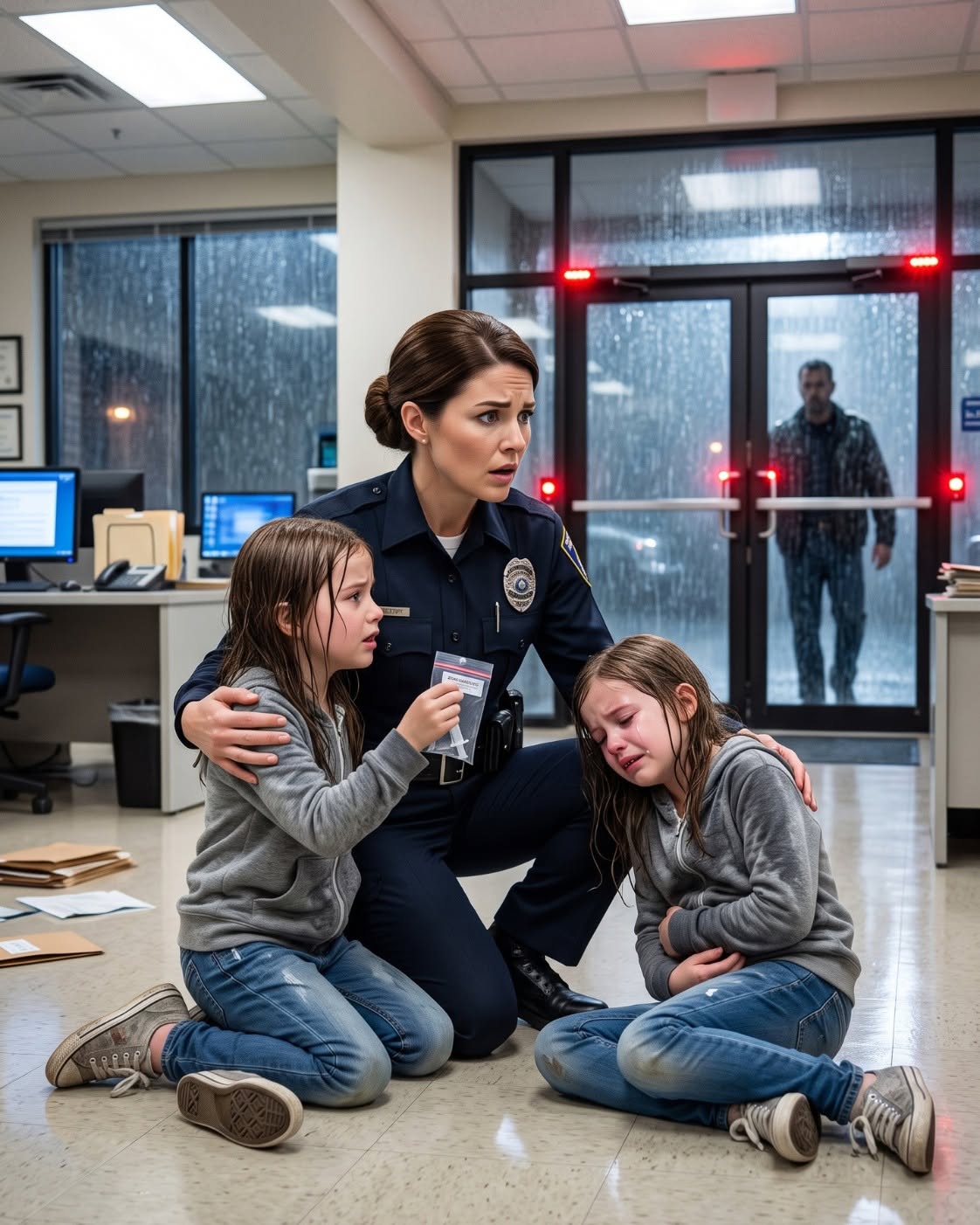 A seven-year-old girl walked into my police station and whispered, “Daddy made my sister swallow something.” Then she pulled an empty medicine syringe from beneath the sole of her shoe, explaining that her father searched their pockets but never checked there. When I traced the identification code, his name appeared in the pharmacy system—and seconds later, every station door locked from the inside.