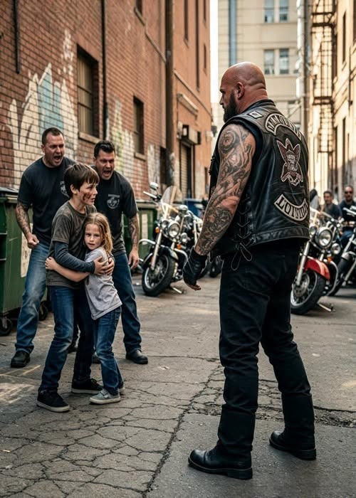A biker's daughter was cornered by two older bullies, and i stepped between them without knowing her name. they called me street trash and kept striking, yet i refused to leave a terrified child behind. then lily warned them about her feared biker father, and a distant engine rumble shook the entire alley. the bullies suddenly stopped smiling, but what came around that corner would change my life before sunrise forever…………….