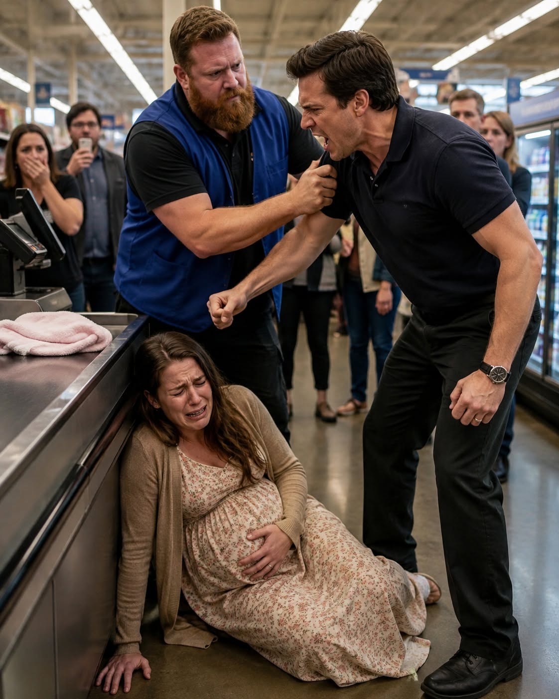 My husband slammed my eight-month-pregnant belly into a checkout counter over a $14 baby blanket. As I collapsed clutching my stomach, he snarled, “You greedy bitch! We’re not wasting my money on useless baby junk!” His smile vanished when the store manager stepped forward, grabbed him, moments later, secrets far worse than anyone imagined was exposed.