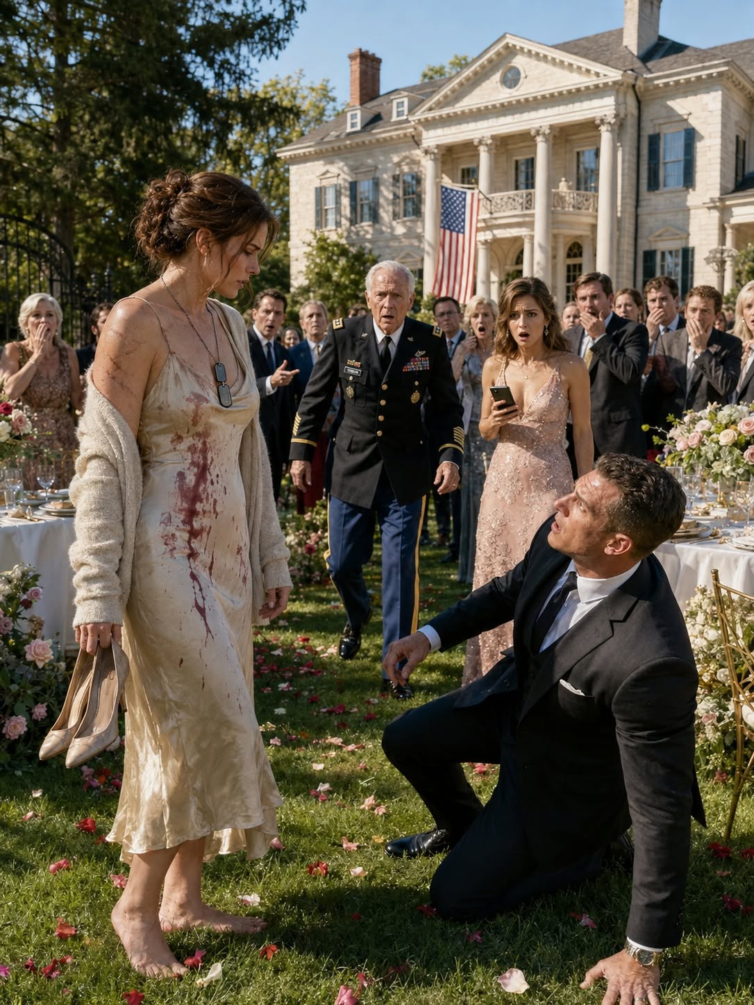 At my sister’s Virginia engagement party, her fiancé threw wine across my dress and told me women belonged in the kitchen while my own family laughed. I quietly slipped off my heels and stepped onto the grass—unaware that the retired Army surgeon near the catering tent had just recognized the scorched identification tags beneath my torn collar.