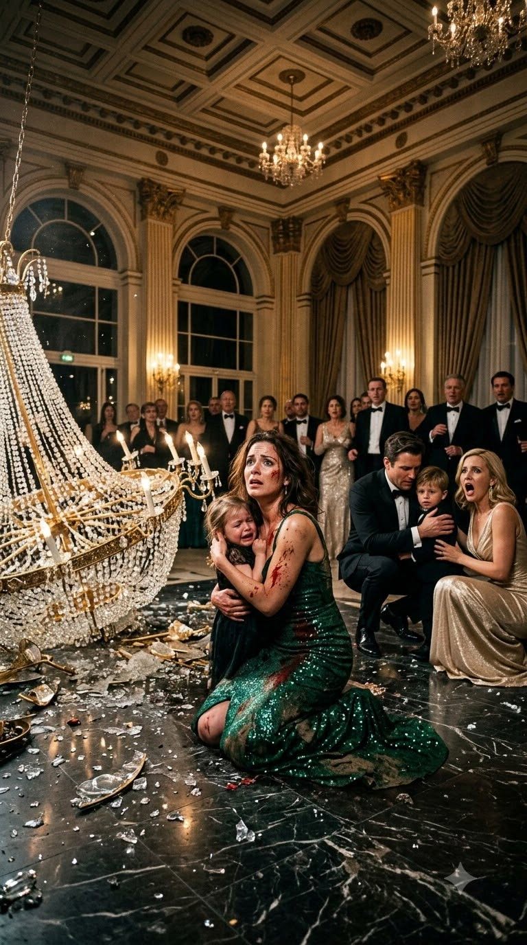 The opulent ballroom was suddenly consumed by a deafening, metallic screech. High above, the massive crystal chandelier snapped from its moorings, plummeting like a guillotine toward the exact spot where the two children were playing. Pure maternal instinct launched me forward, but the horrific scene unfolding ahead froze the very blood in my veins.