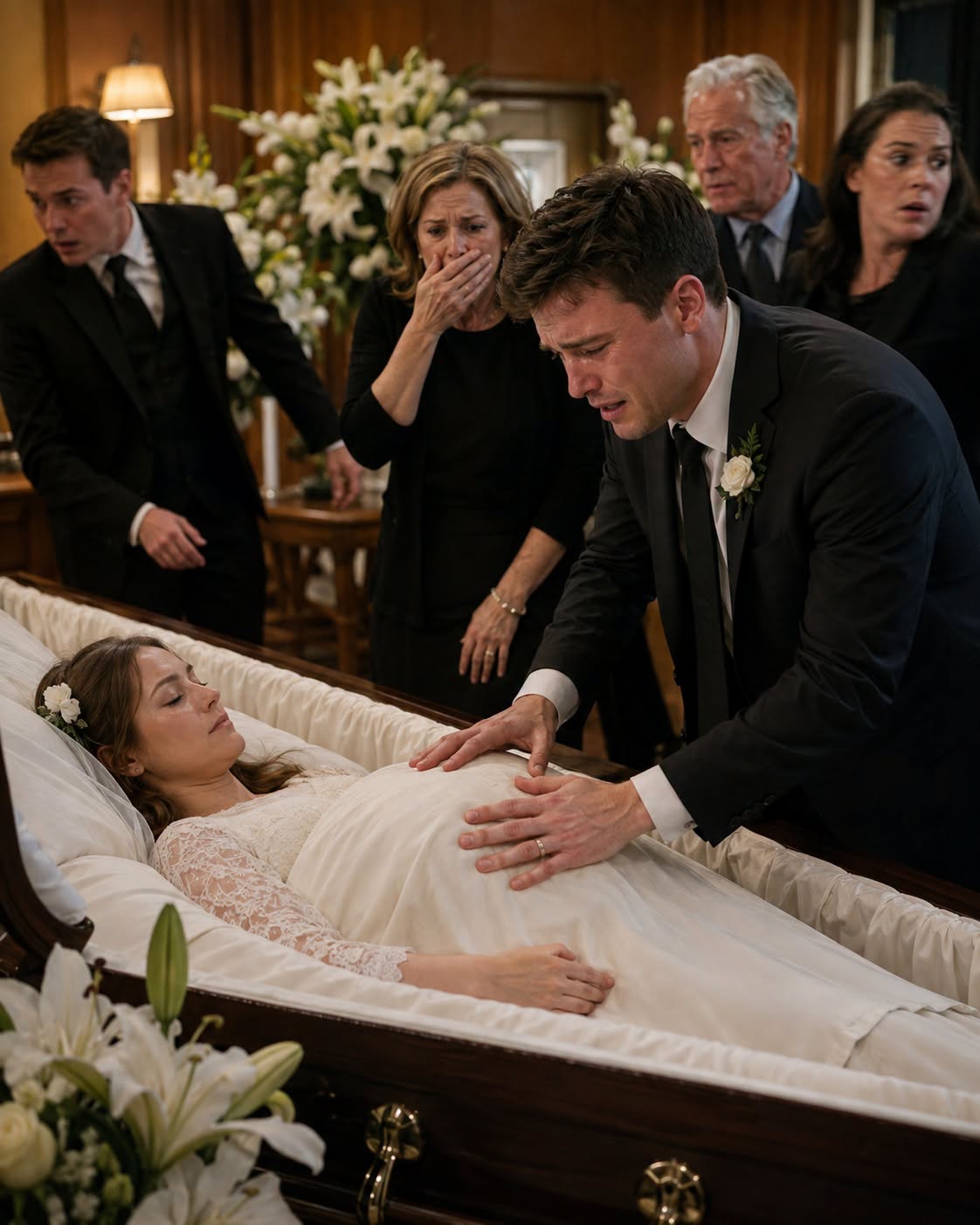 I stood beside her cffin, trying to stay strong as my hands trembled, knowing our unborn child rested within her—when a sudden movement from her belly shattered the silence, turning grief into shck as cries for doctors erupted around me.