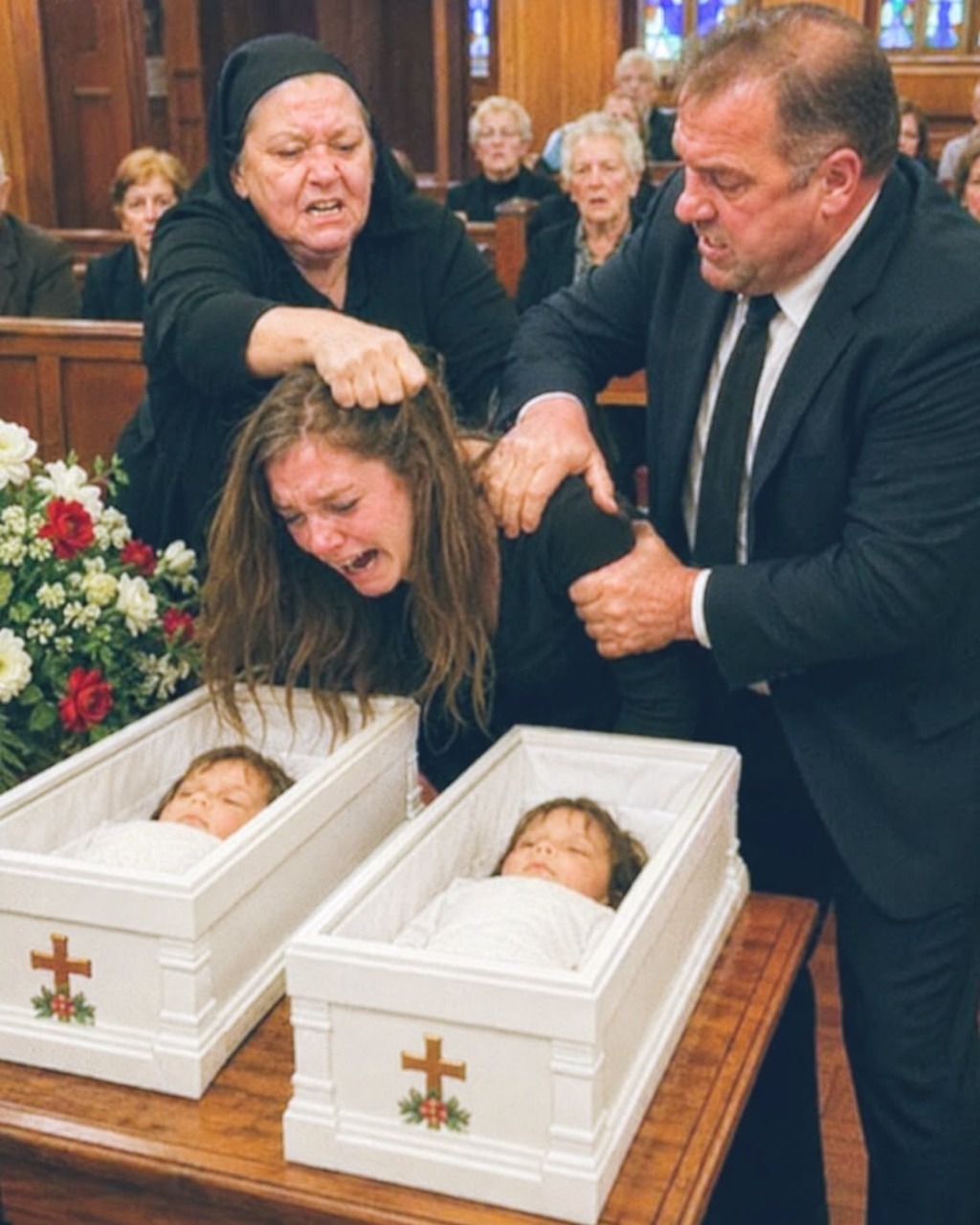At the funeral of my twins, who died in their sleep, my mother-in-law said, “God took them because He knew what kind of mother they had!” I lost it and yelled, “Will you at least be quiet today?” She slapped me, grabbed my head, and slammed it against the coffin, whispering, “Shut up or you’ll end up in there.” But then my daughter screamed… Her tone was venomous, and the room went cold.