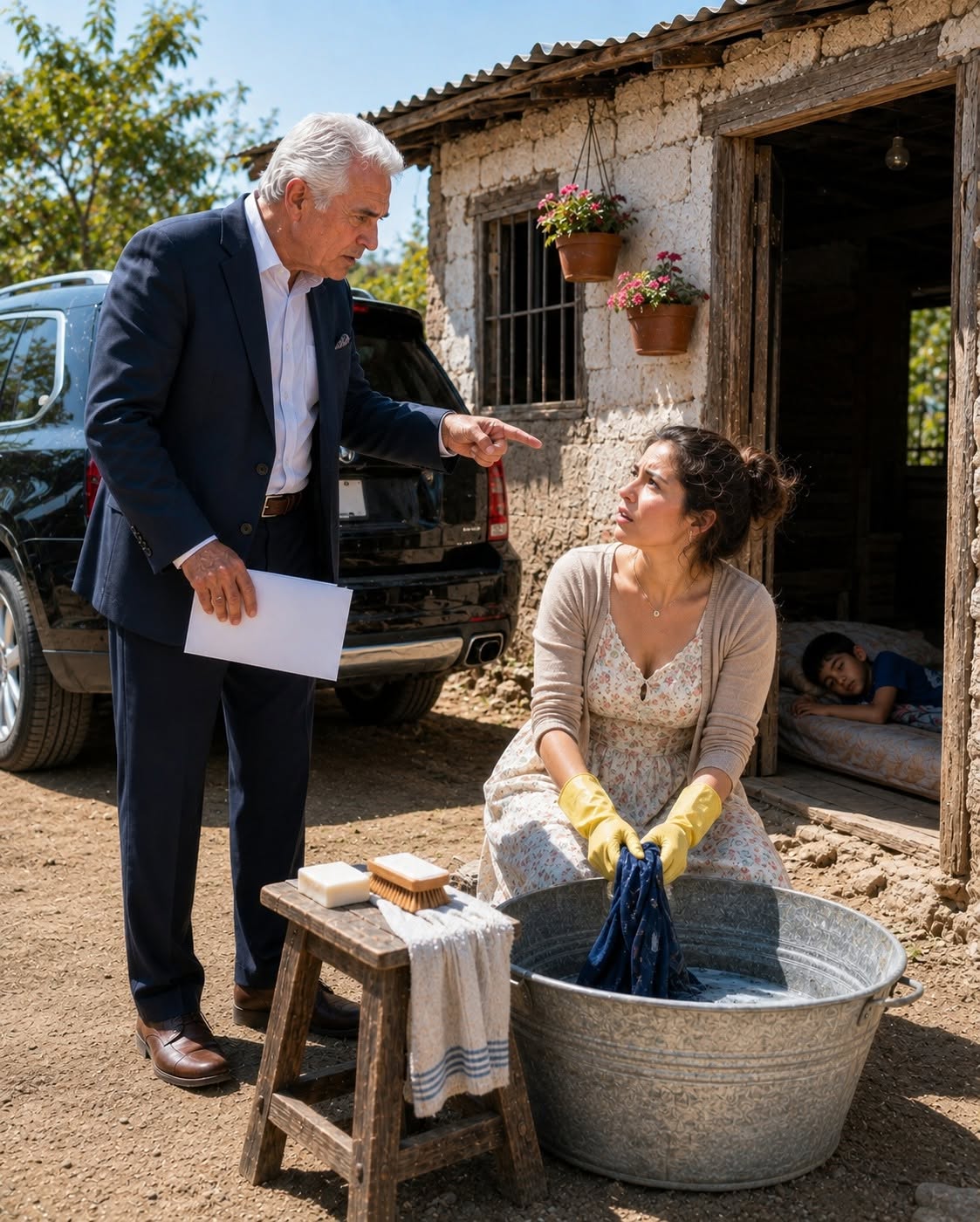 “Where is the estate I gave you two years ago?” Grandpa asked, his voice shaking as he stared at the metal-roof shack where my son and I lived. By the next morning, I would discover my husband hadn’t lost my inheritance at all—he was inside my mansion preparing to marry another woman.