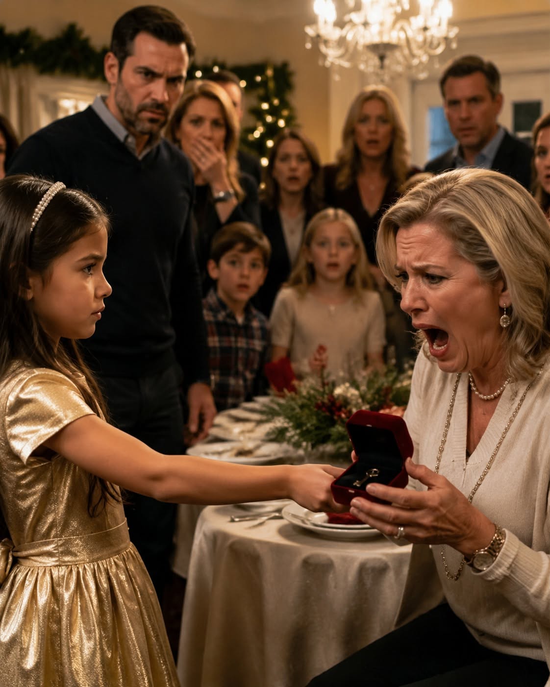 I never warned my mother-in-law that my daughter, whom she treated like a “stray dog,” had the power to exile her from our lives. On Christmas morning, she gave the other grandkids cash and iPads, but handed my daughter a cheap candle tagged “To Travis’s Girl.” The room went silent. My seven-year-old rose in her gold dress, calm and regal. “Grandma,” she said, “Dad told me to give this to you if you ever ignored me again.” She handed over a small red box. “Open it,” he said. She opened it and screamed.