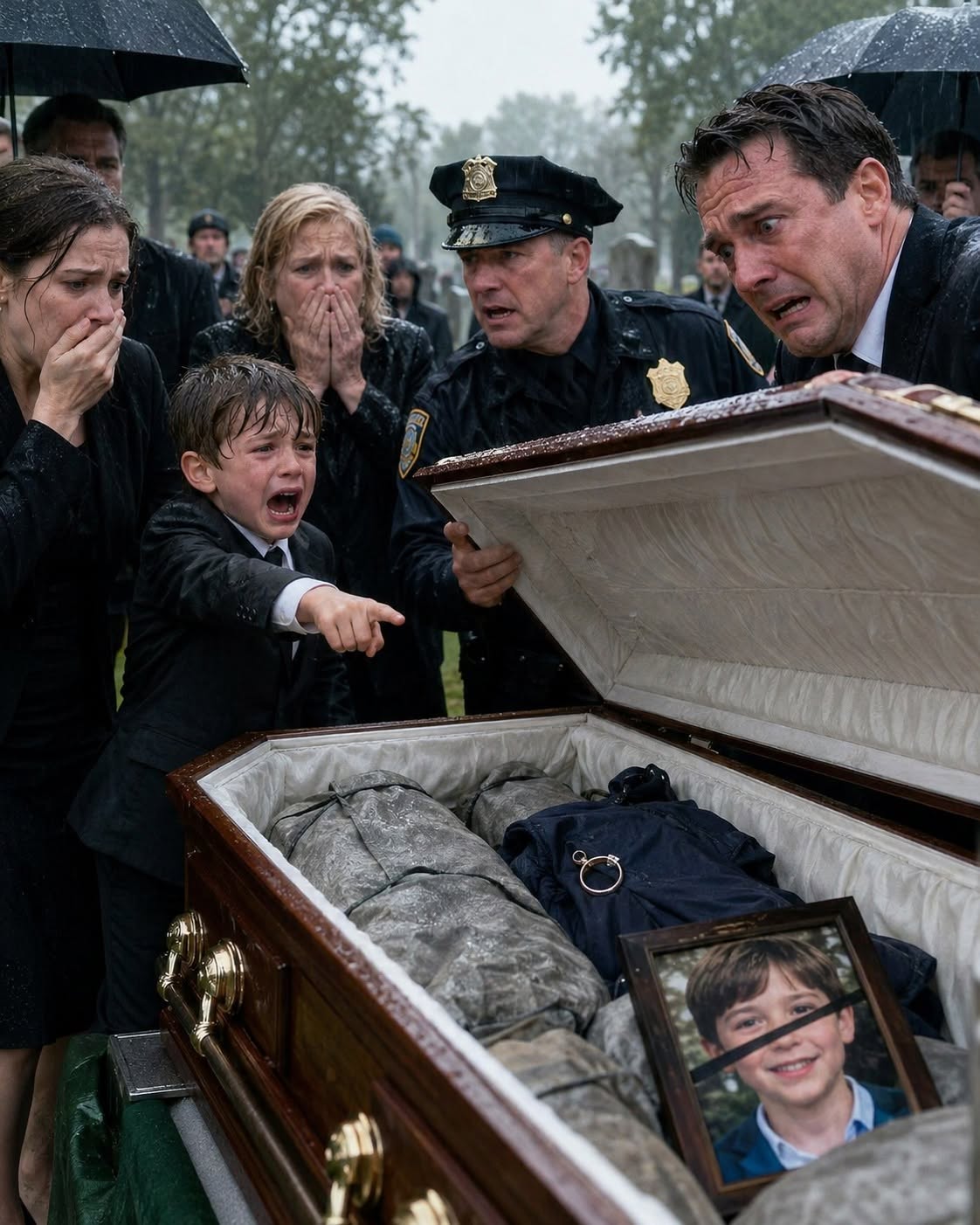 I WAS ABOUT TO BURY MY SISTER WHEN HER 8-YEAR-OLD SON THREW HIMSELF ON THE COFFIN AND SCREAMED, “MOMMY ISN’T IN THERE!” HER HUSBAND ORDERED THE FUNERAL DIRECTOR TO LOWER IT ANYWAY. THEN THE BOY HANDED ME A TINY BRASS KEY AND WHISPERED, “DADDY LOCKED HER IN THE BASEMENT BEFORE HE BOUGHT THE COFFIN.” WHEN WE FORCED THE LID OPEN, EVEN THE POLICE OFFICER STAGGERED BACK.