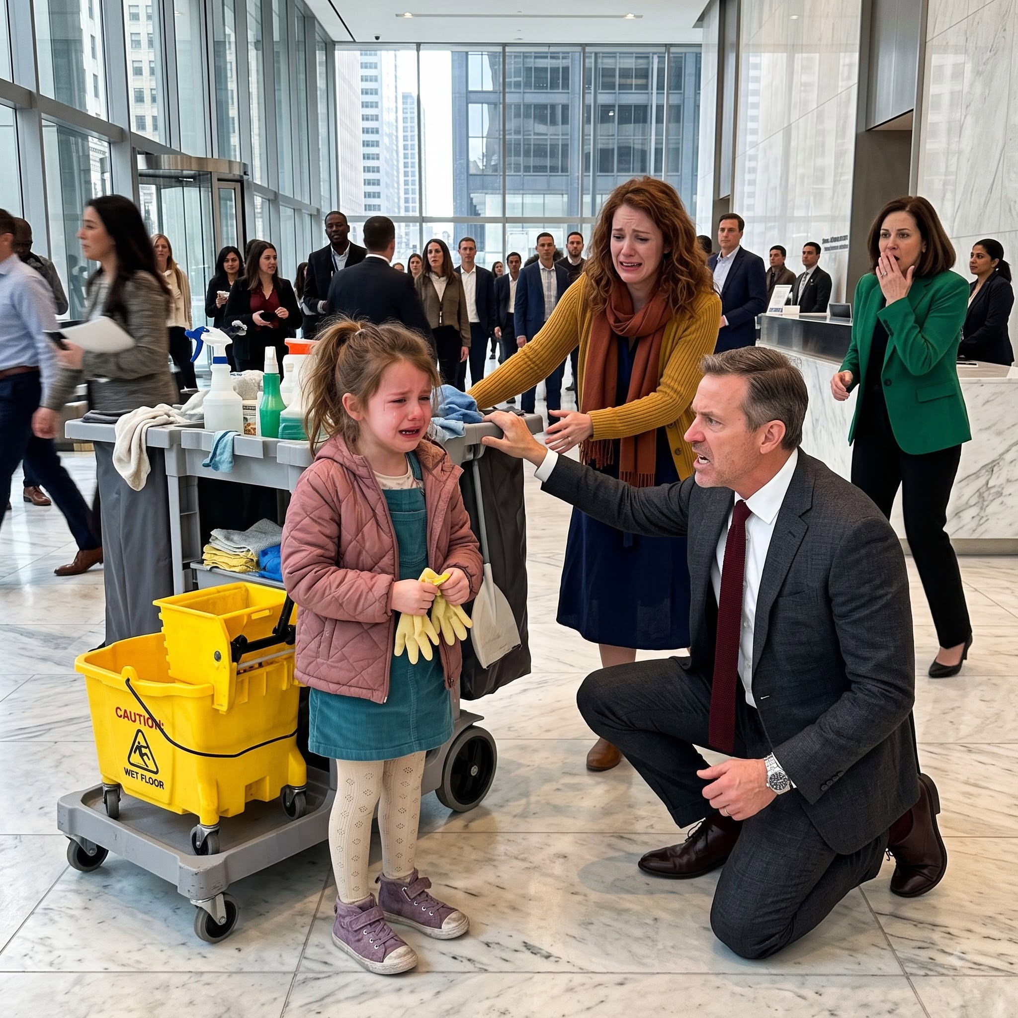 A Six-Year-Old Girl Walked Into a Corporate Office Alone, Carrying Her Sick Mother’s Cleaning Gloves. “Mom’s Sick... So I Came Instead,” She Whispered. The Entire Lobby Went Silent—but When the CEO Learned Why She Was There, His Next Decision Changed the Girl’s Life, Her Mother’s Future, and the Company Forever.